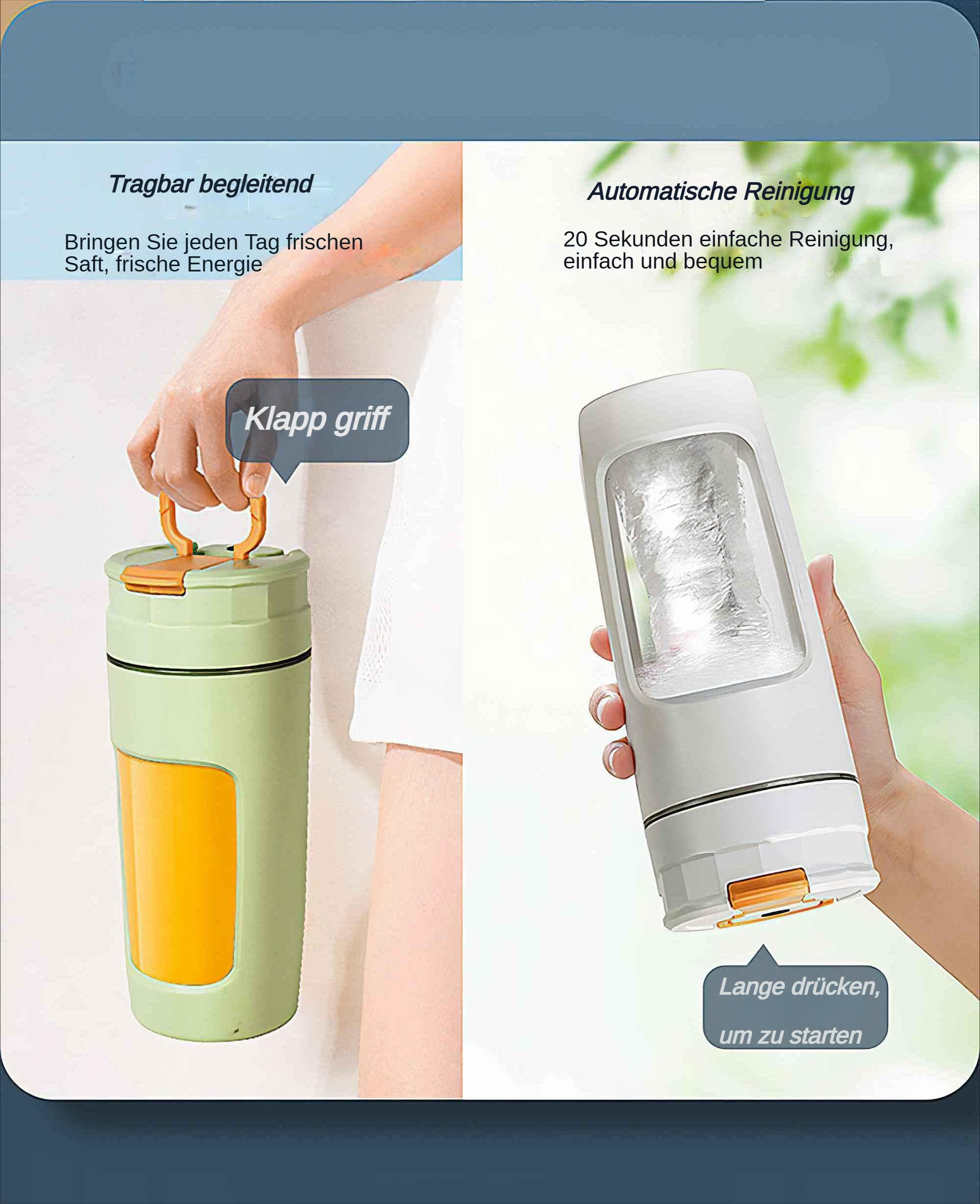 Ein Bild zeigt einen grünen tragbaren Mixer mit Saft links und Reinigungsanweisungen rechts.