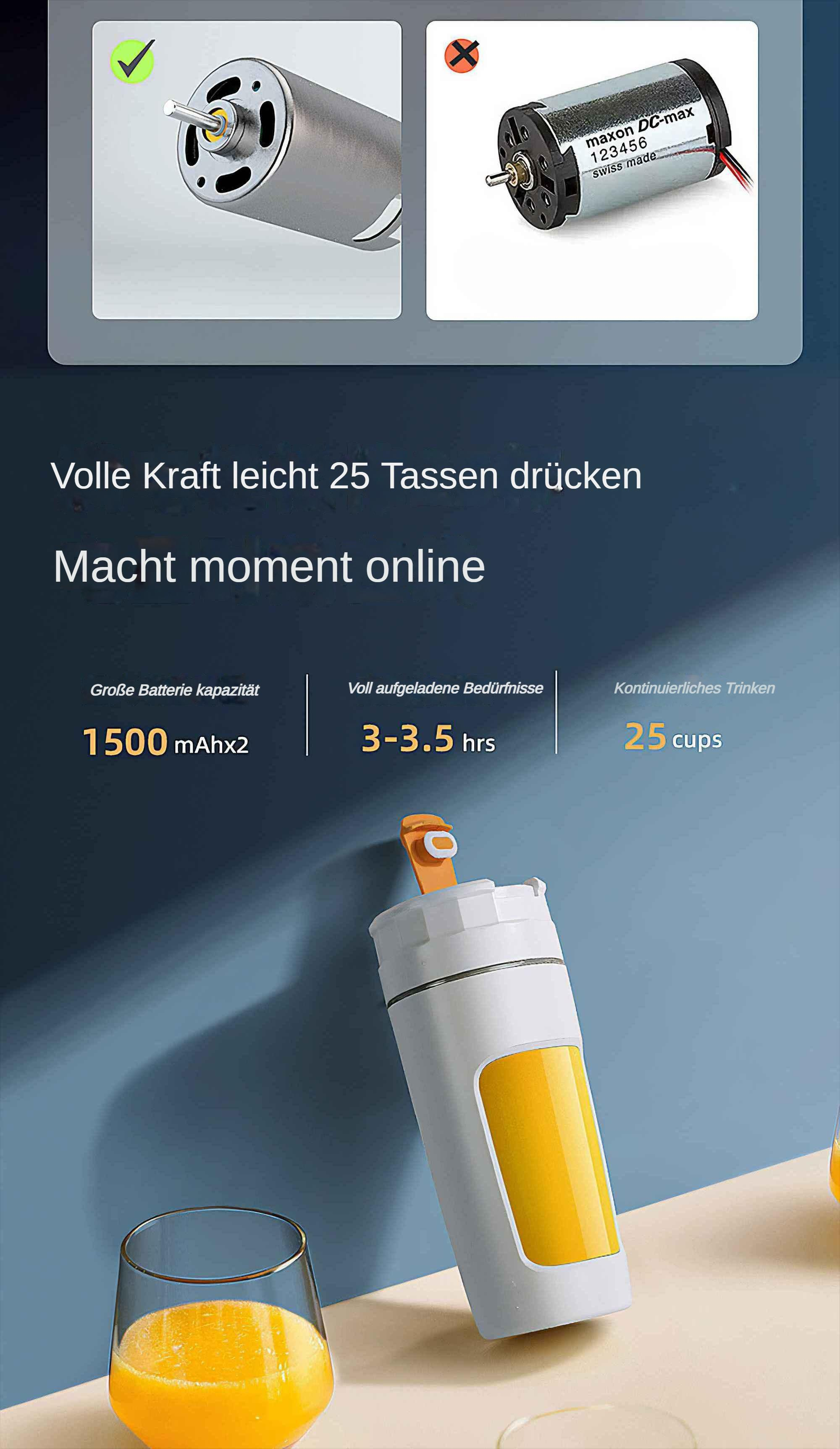 Das Bild zeigt zwei Elektromotoren und einen tragbaren Mixer mit Text, der für seine Funktionen wirbt.