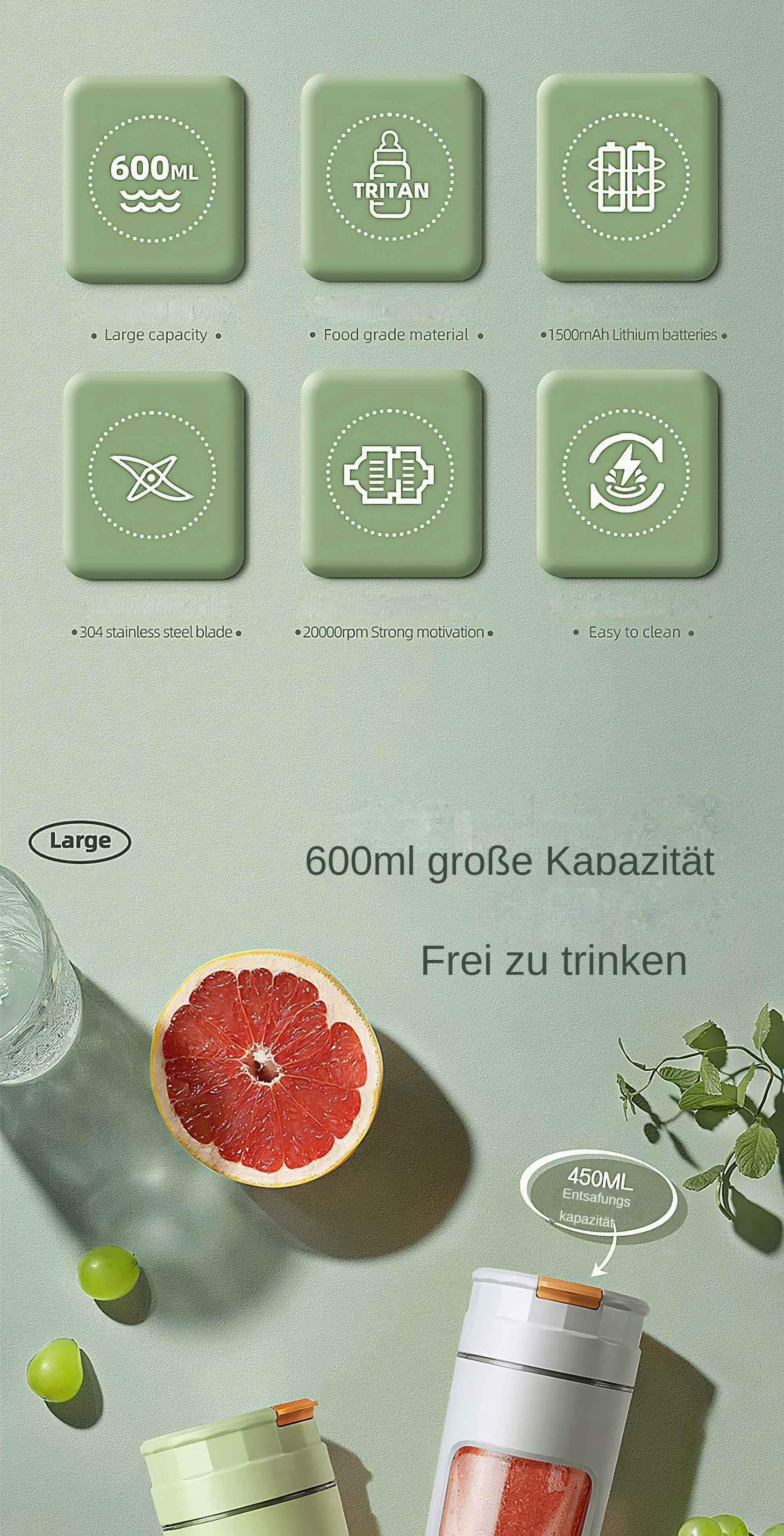 Infografik über einen Mixer. Das Bild enthält Symbole und Text auf Deutsch.
