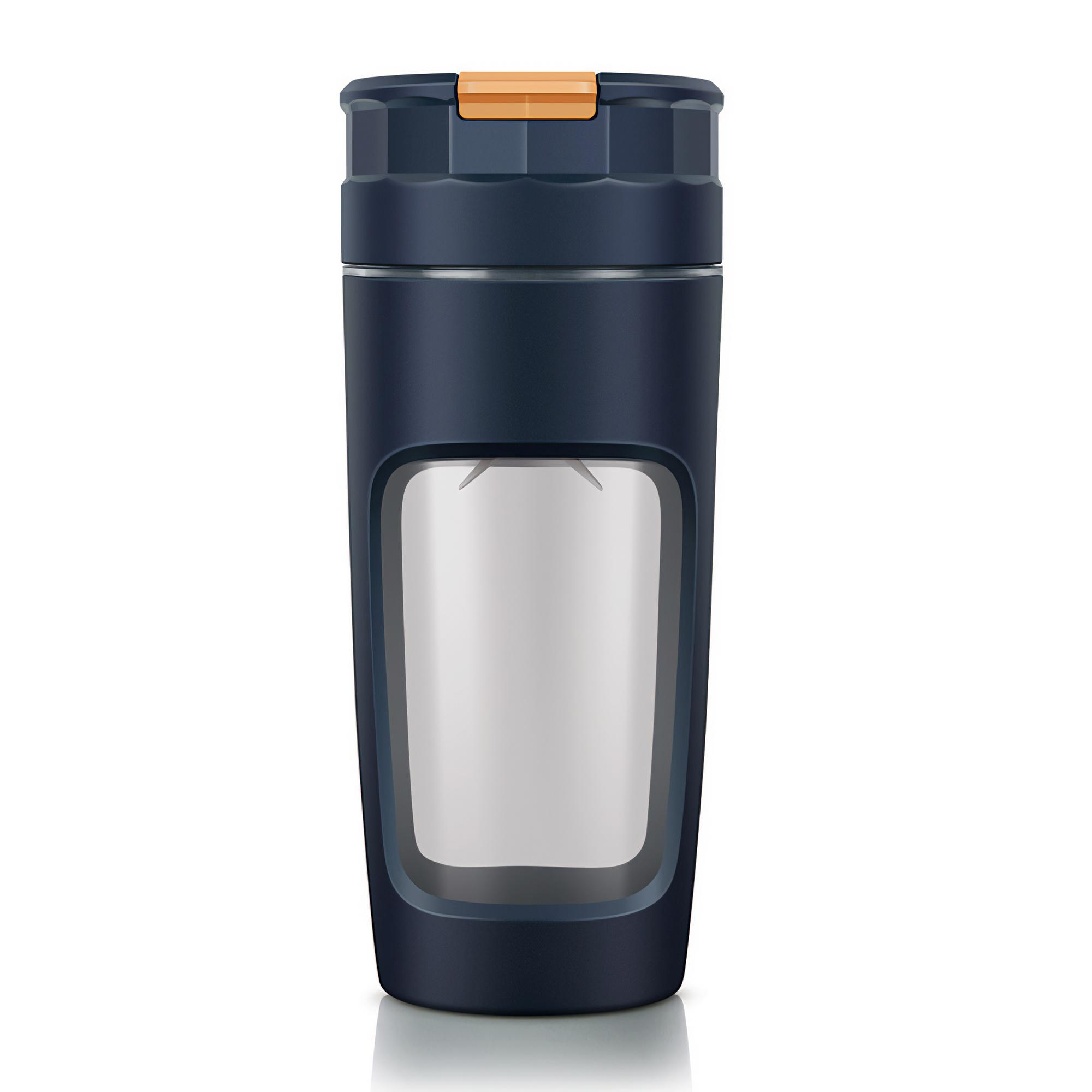 Marineblauer isolierter Becher mit einem durchsichtigen Fenster und orangefarbenem Akzent oben.