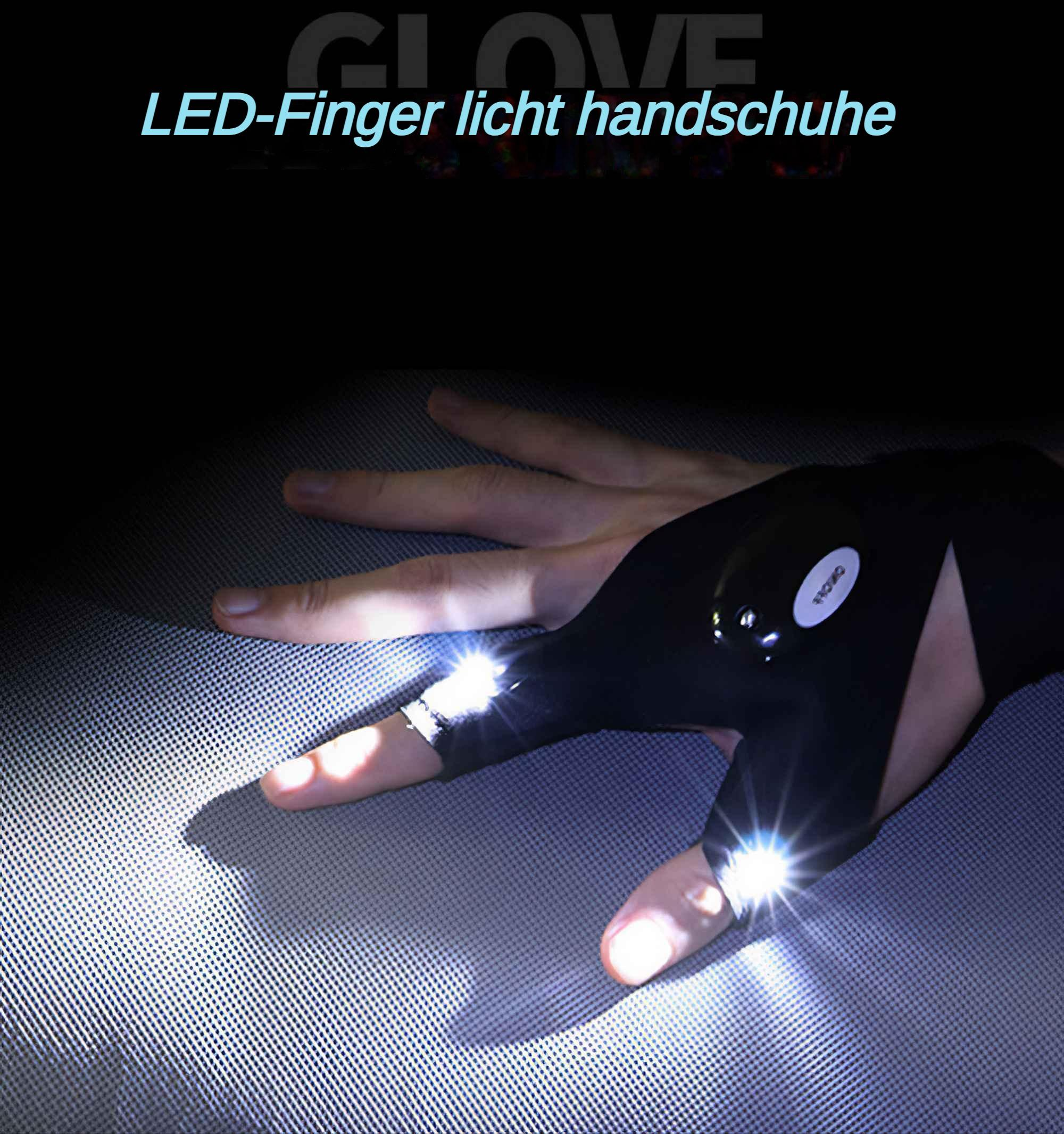 Hand einer Person in schwarzem Handschuh mit LED-Leuchten an den Fingern. Der Hintergrund ist dunkel.