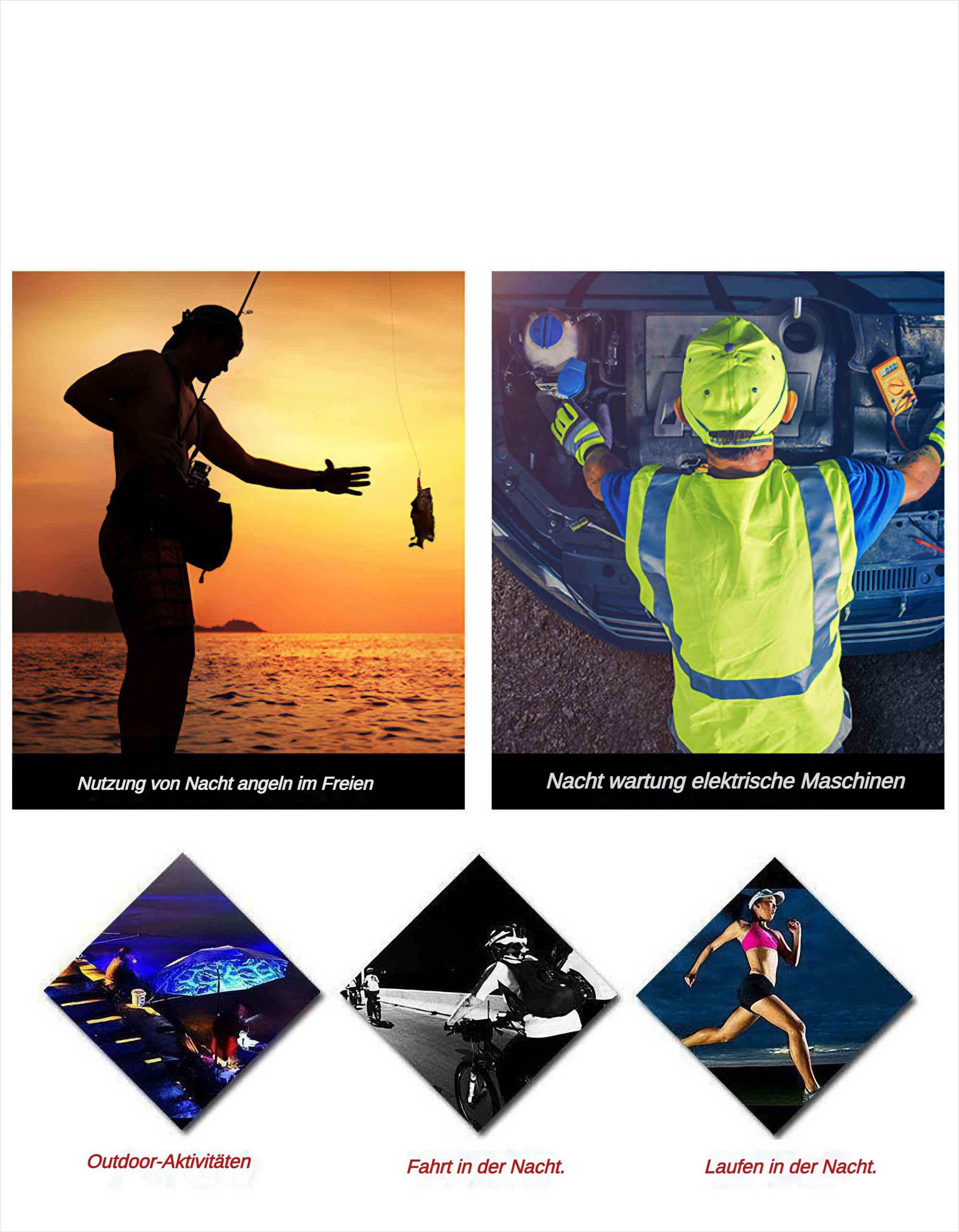 Collage von Bildern, die verschiedene Aktivitäten zeigen: Angeln, Autoreparatur und Outdoor-Aktivitäten.
