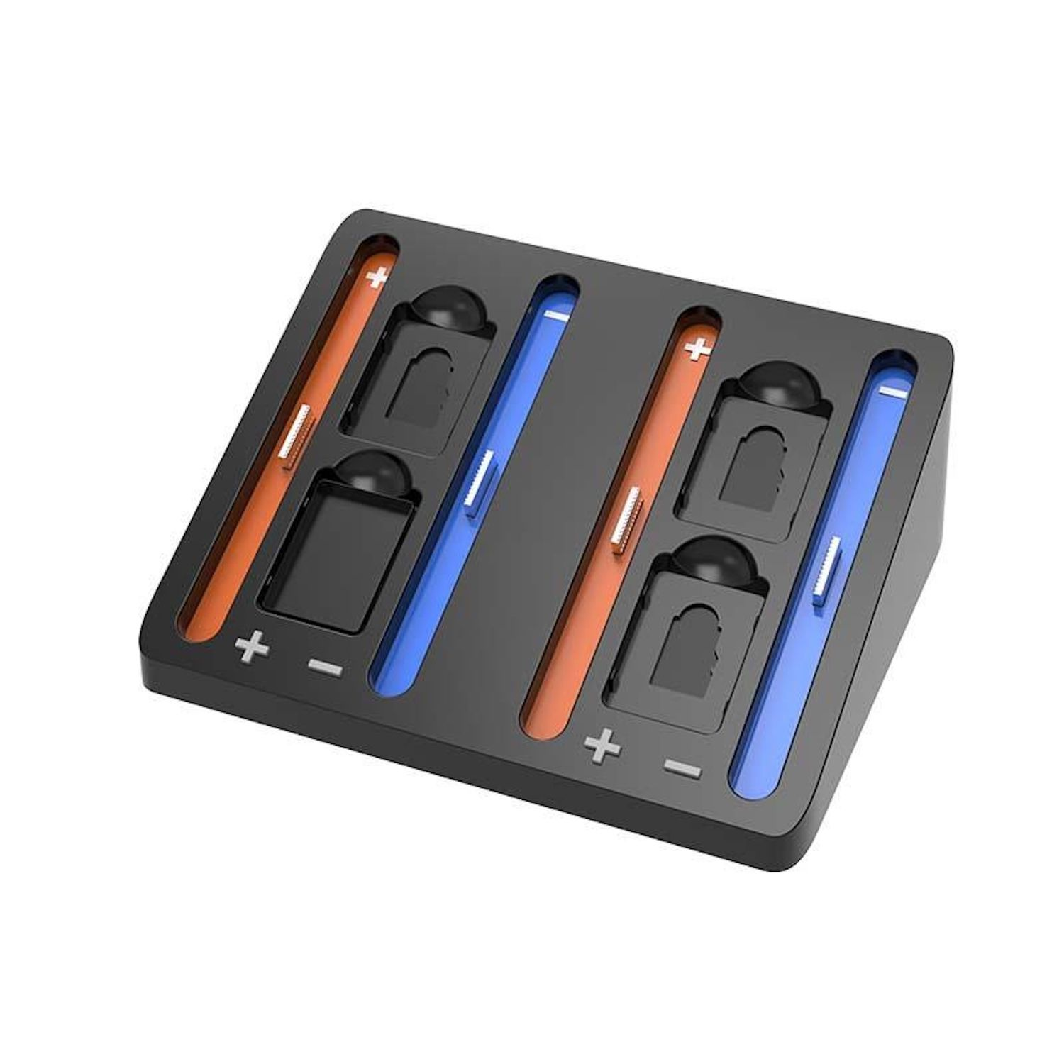 Eine schwarze Ladestation mit Steckplätzen für Gamecontroller, Plus- und Minuszeichen sowie orangefarbenen/blauen Details.