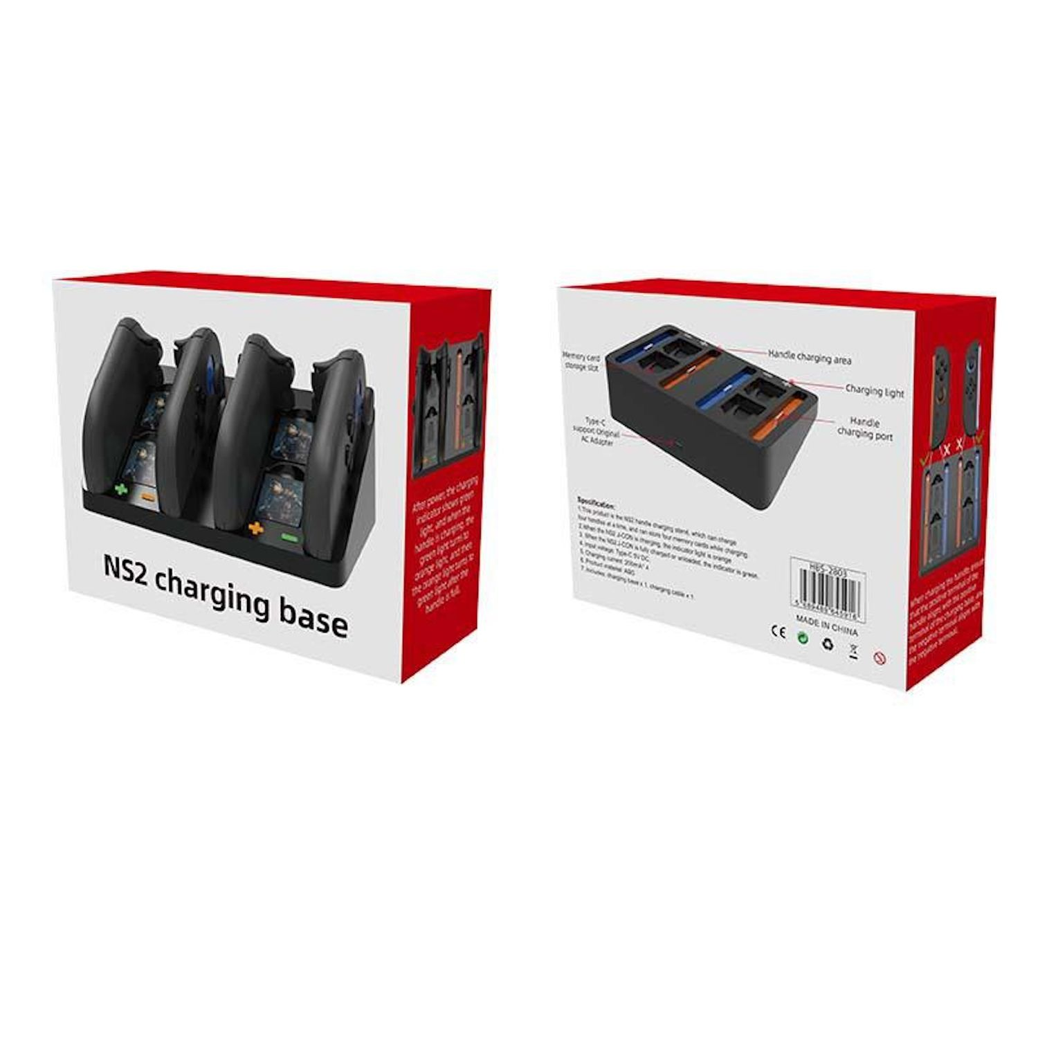 Zwei Boxen, die eine Ladestation für Gamecontroller mit Text und Bildern zeigen.