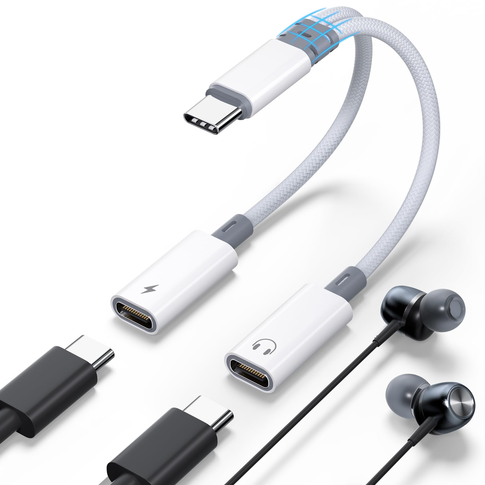 Weißer und grauer USB-C-Adapter mit USB-C-Anschluss und Kopfhöreranschluss. Schwarze Kopfhörer liegen daneben.