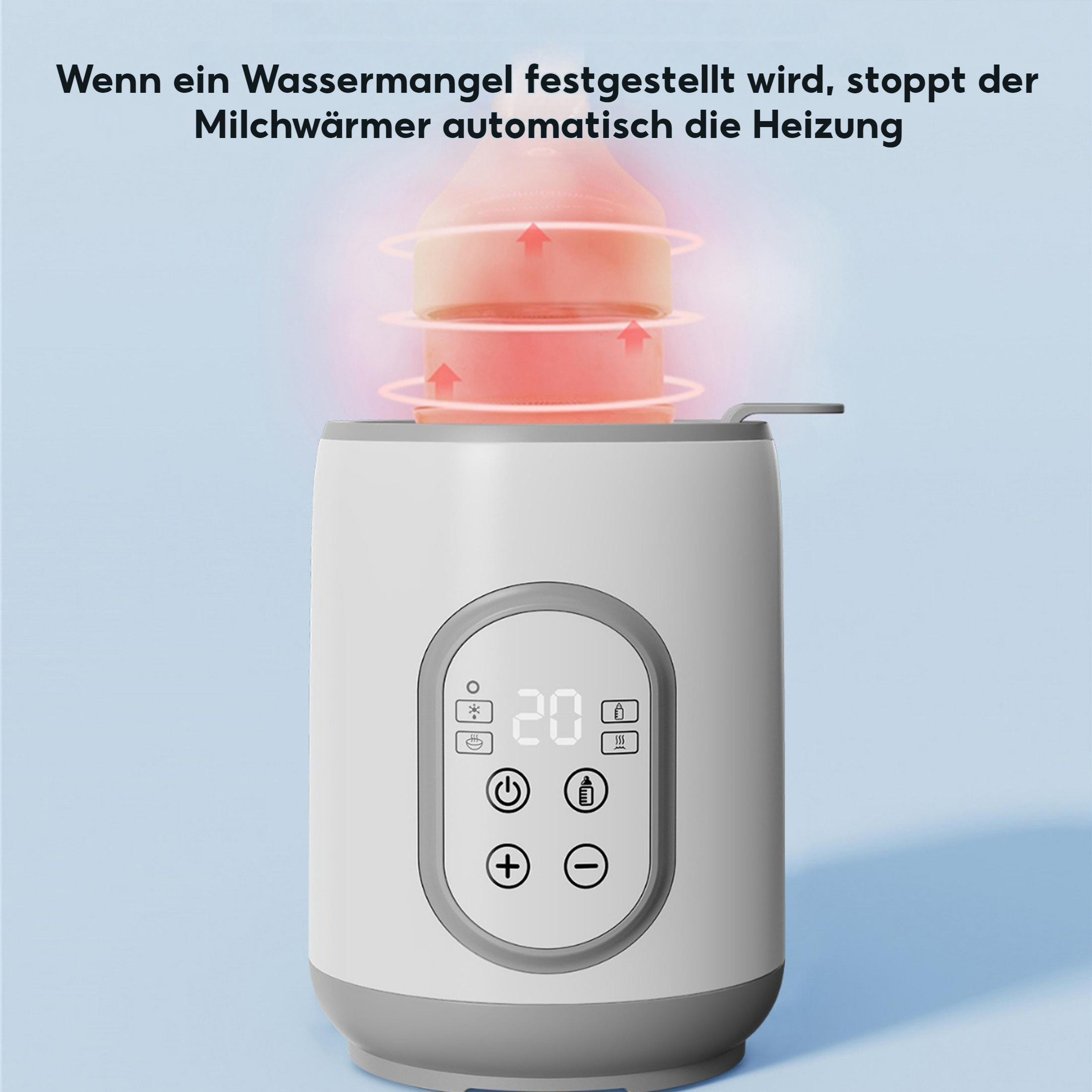 Ein Babyflaschenwärmer mit Digitalanzeige. Eine Babyflasche befindet sich darin. Rote Pfeile zeigen das Heizen an.
