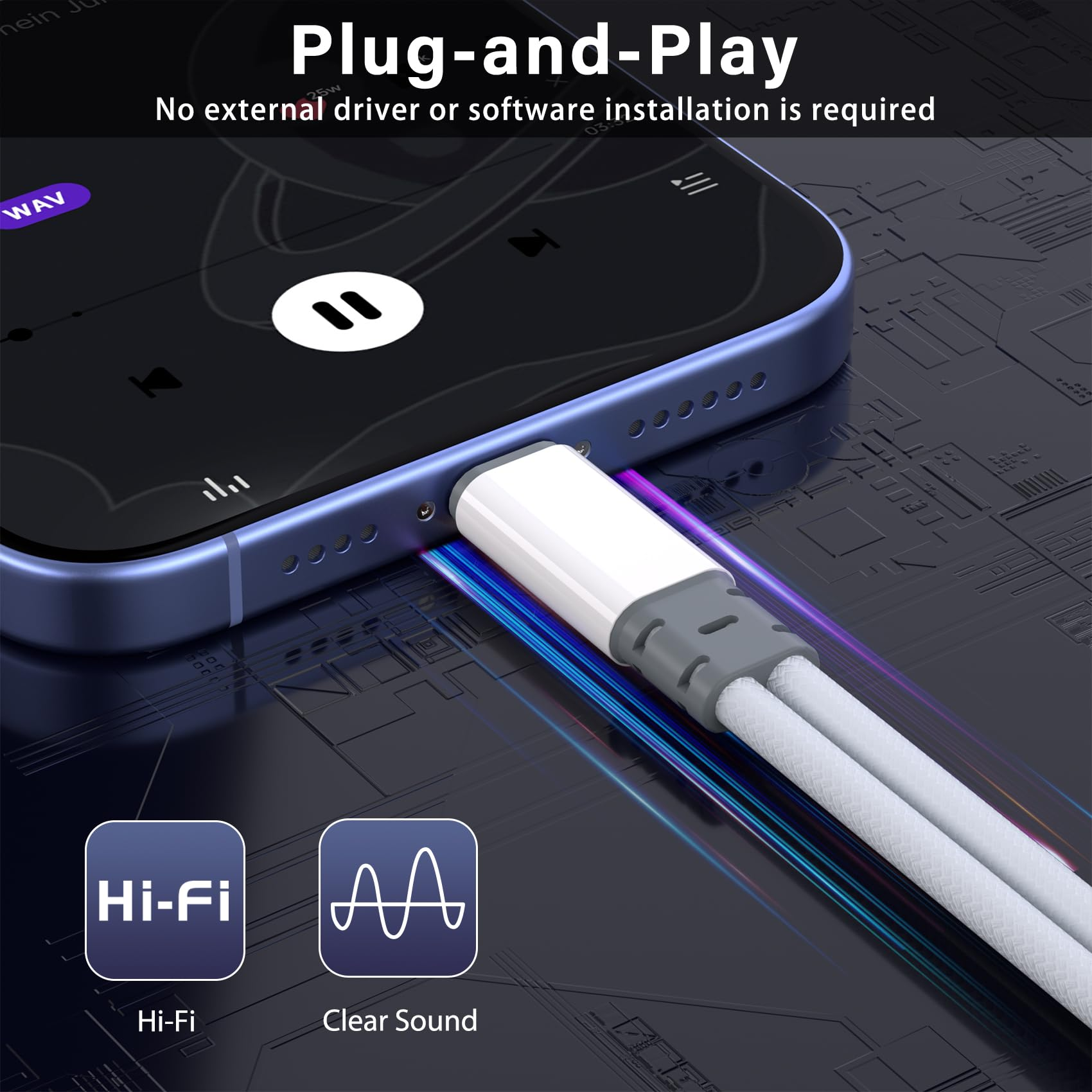 Ein Telefon ist mit einem weißen und grauen Kabel verbunden. Text unten sagt Hi-Fi und Clear Sound.