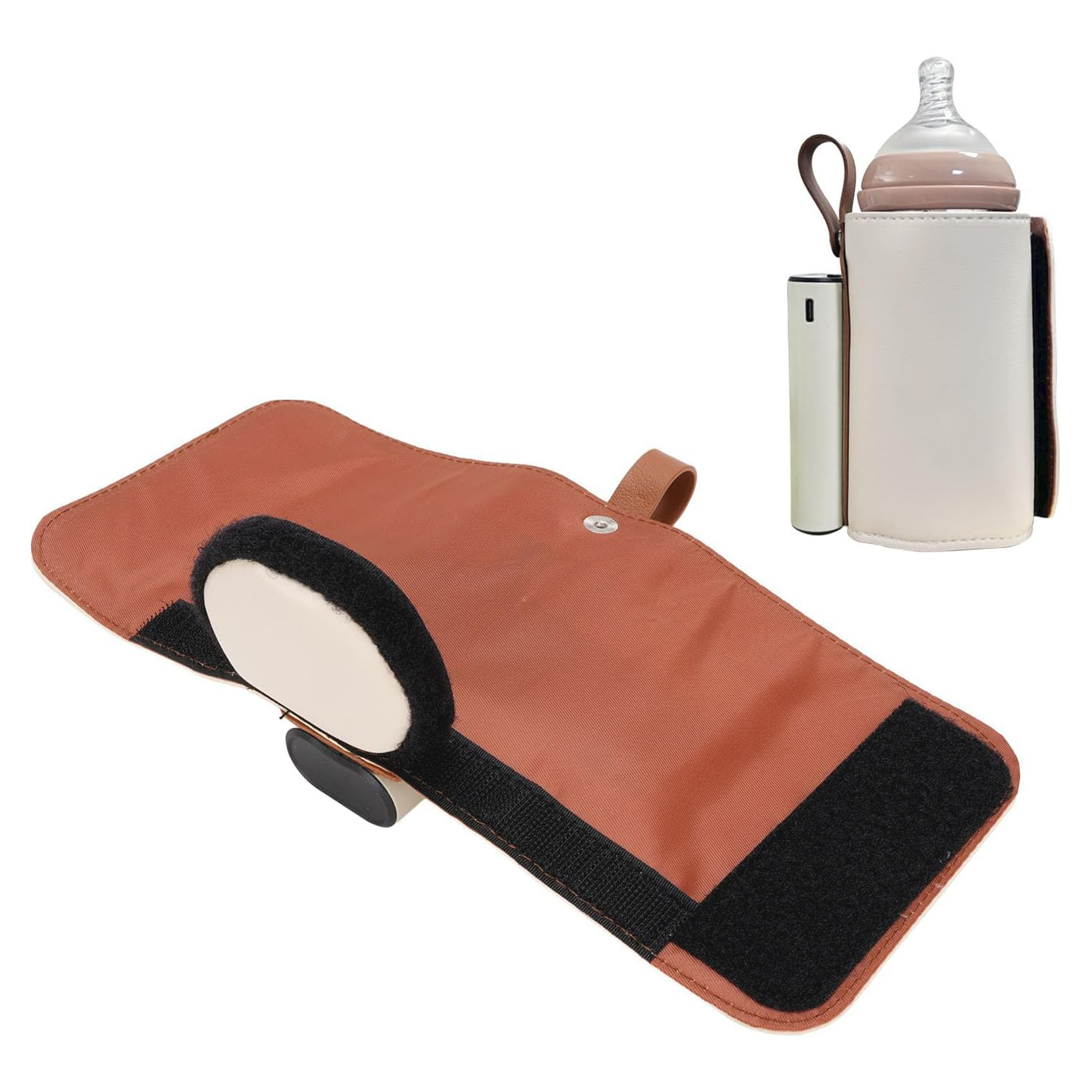 Brauner und weißer Babyflaschenwärmer und Wickelunterlage. Flasche und Wärmer sind abgebildet.