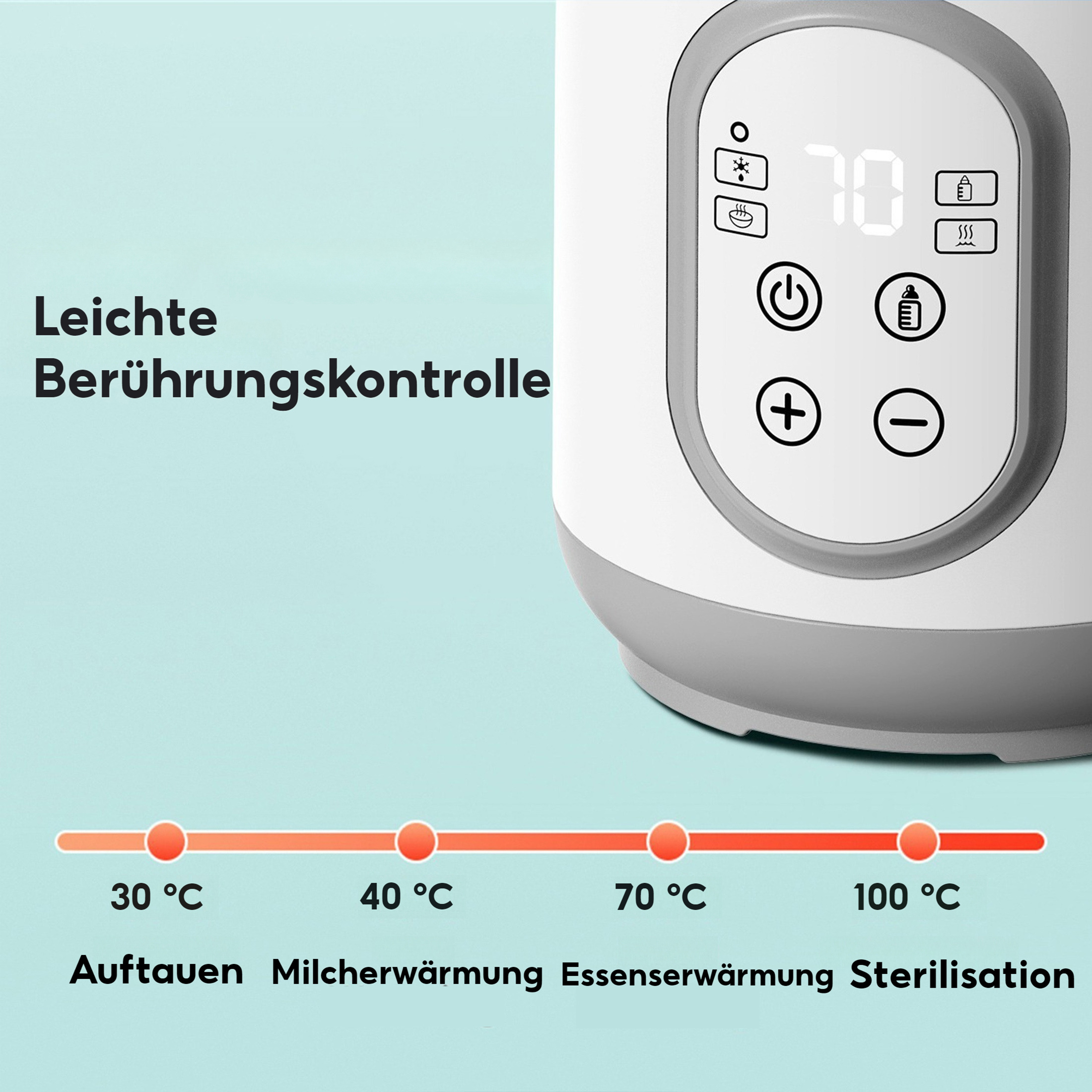 Ein Bedienfeld mit Touch-Tasten und Temperaturanzeigen zeigt 70°C an. Temperaturen von 30°C bis 100°C.
