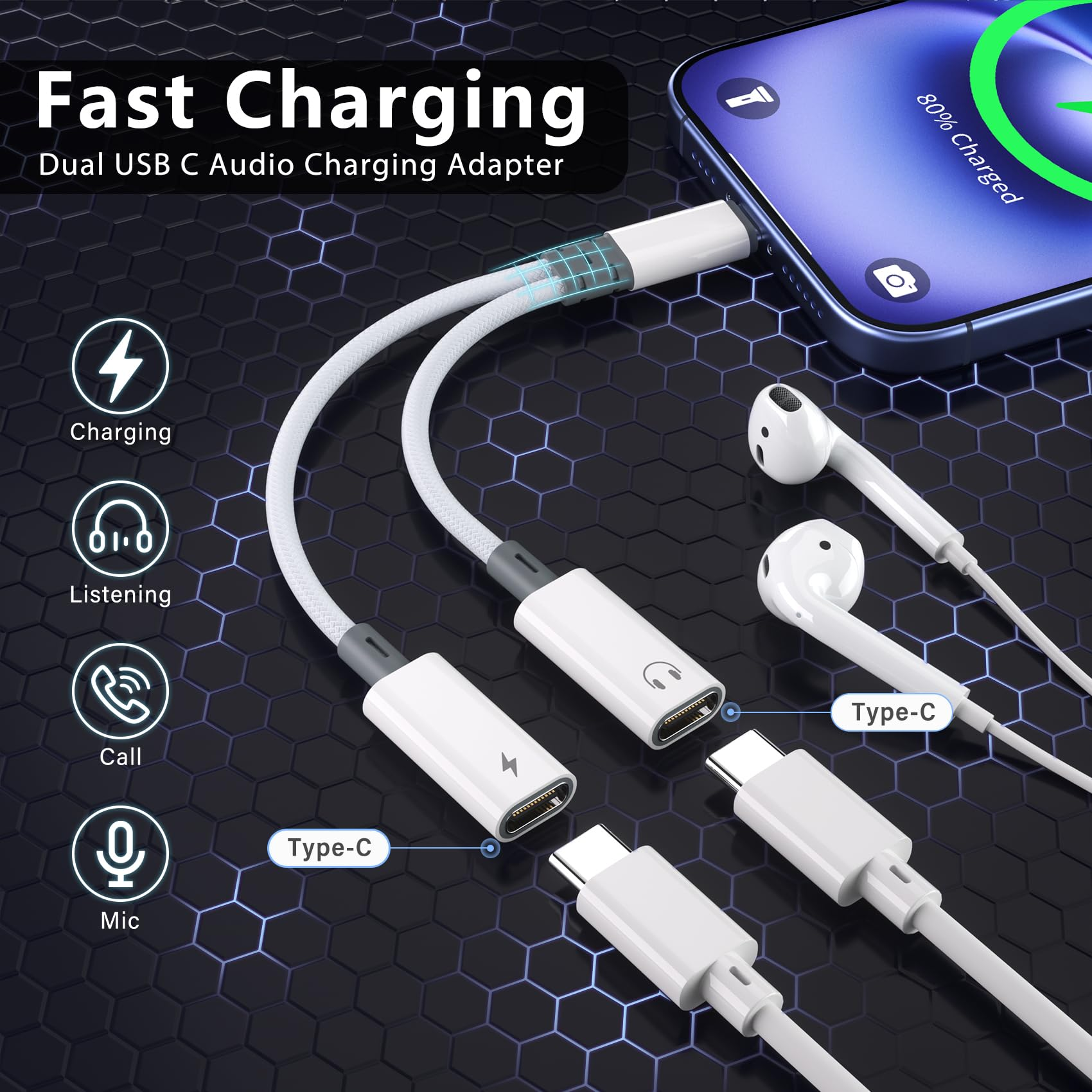 Ein Telefon mit weißem Ladegerät, das an zwei USB-C-Anschlüsse angeschlossen ist. Auf dem Telefon steht „Schnelles Laden“.
