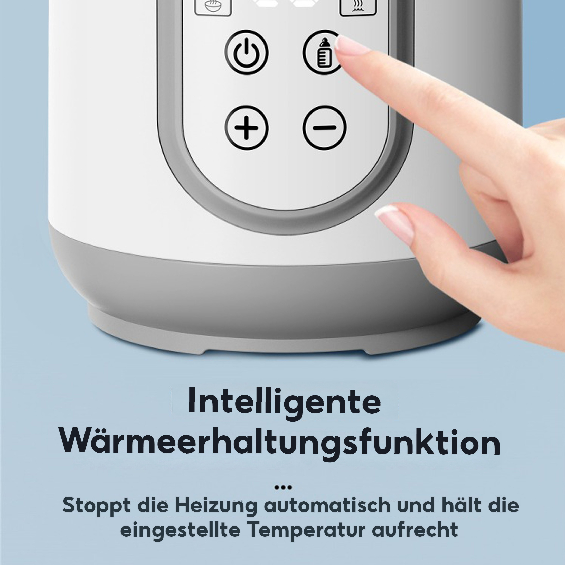 Eine Hand drückt einen Knopf auf einem weißen und grauen Gerät, darunter Text.