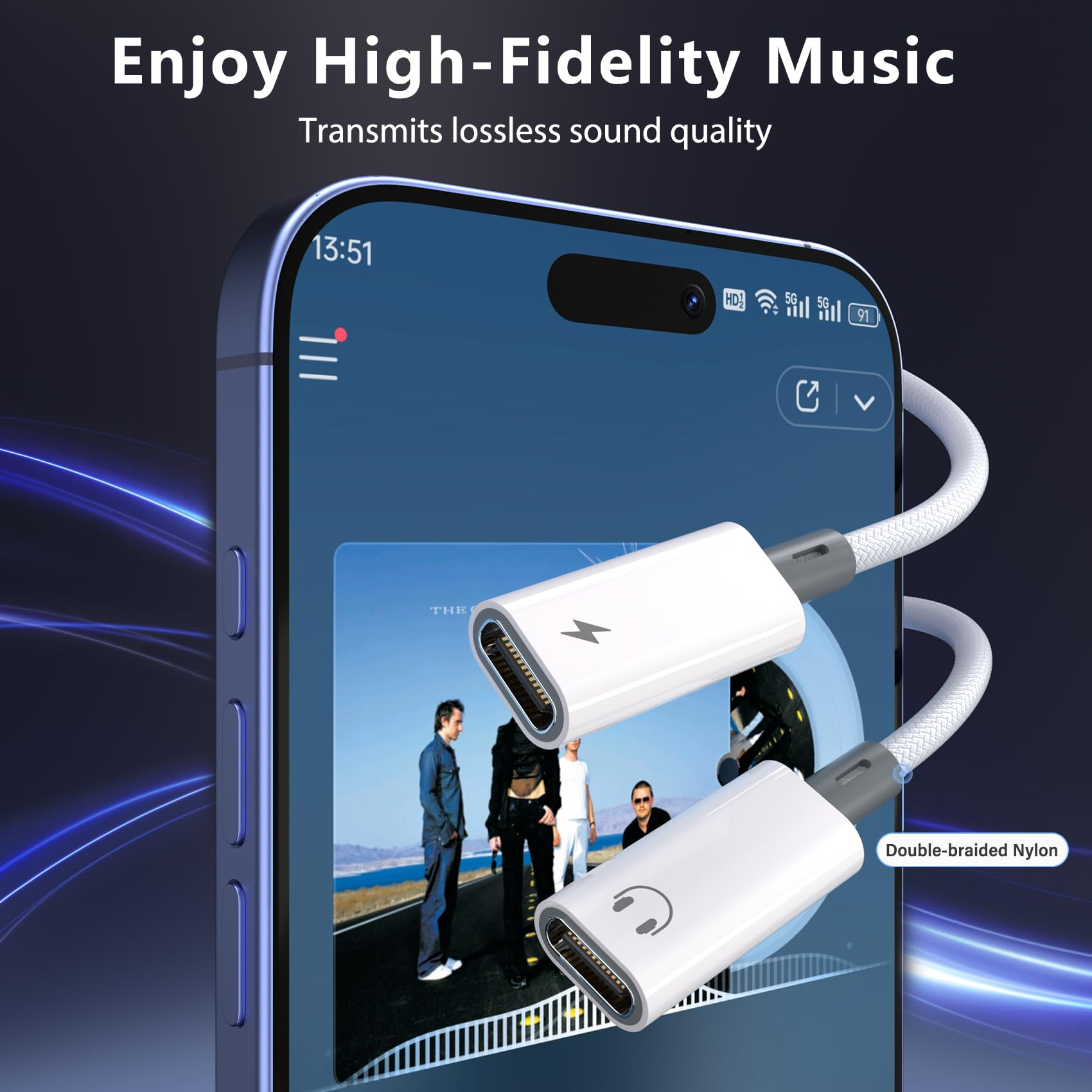 Ein Telefon mit einem weißen Kabel, das an seinen Anschluss angeschlossen ist. Der Text lautet: „Genießen Sie High-Fidelity-Musik“.