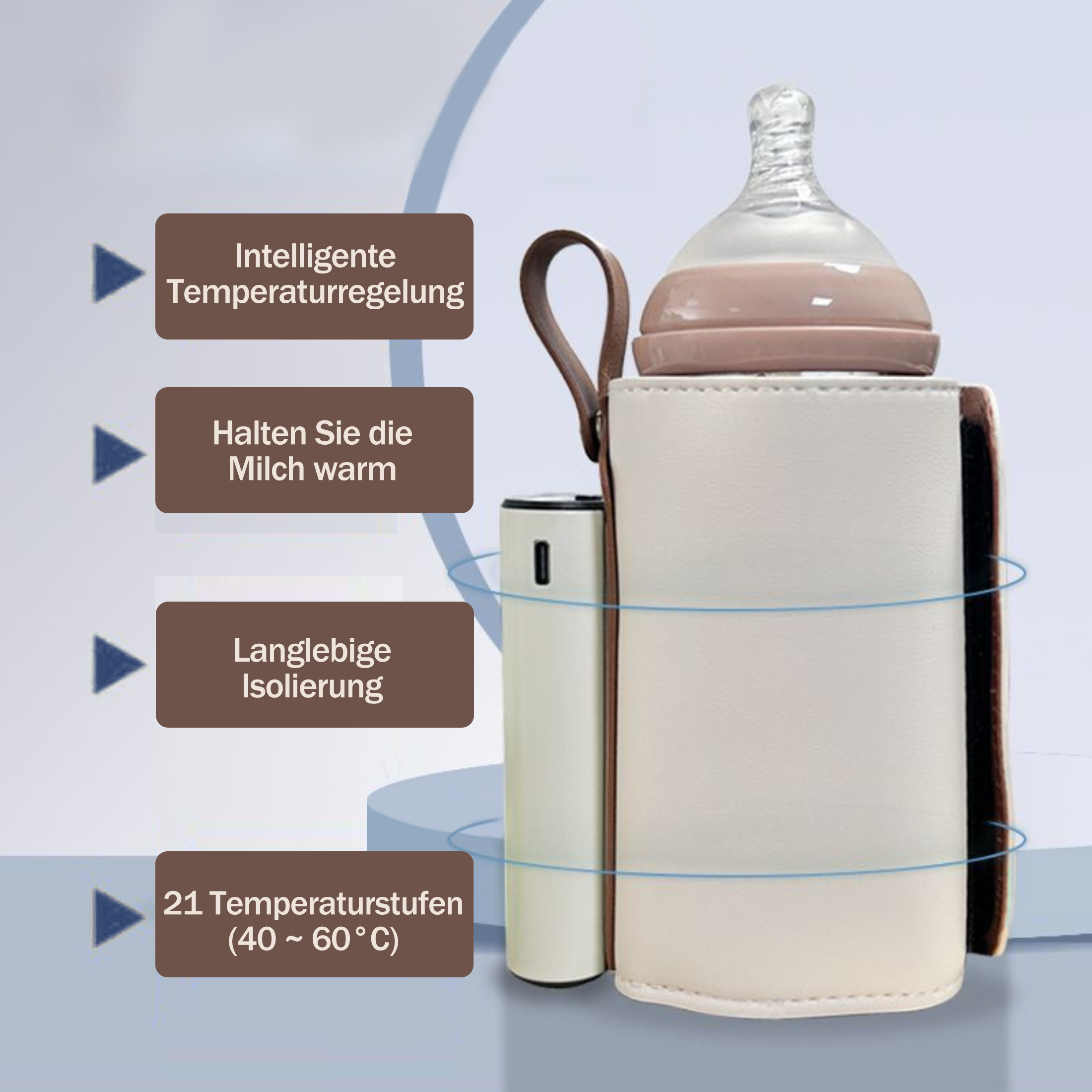 Babyflaschenwärmer mit einer Flasche darin. Es gibt Beschreibungen: Intelligente Temperaturregelung, Milch warm halten.