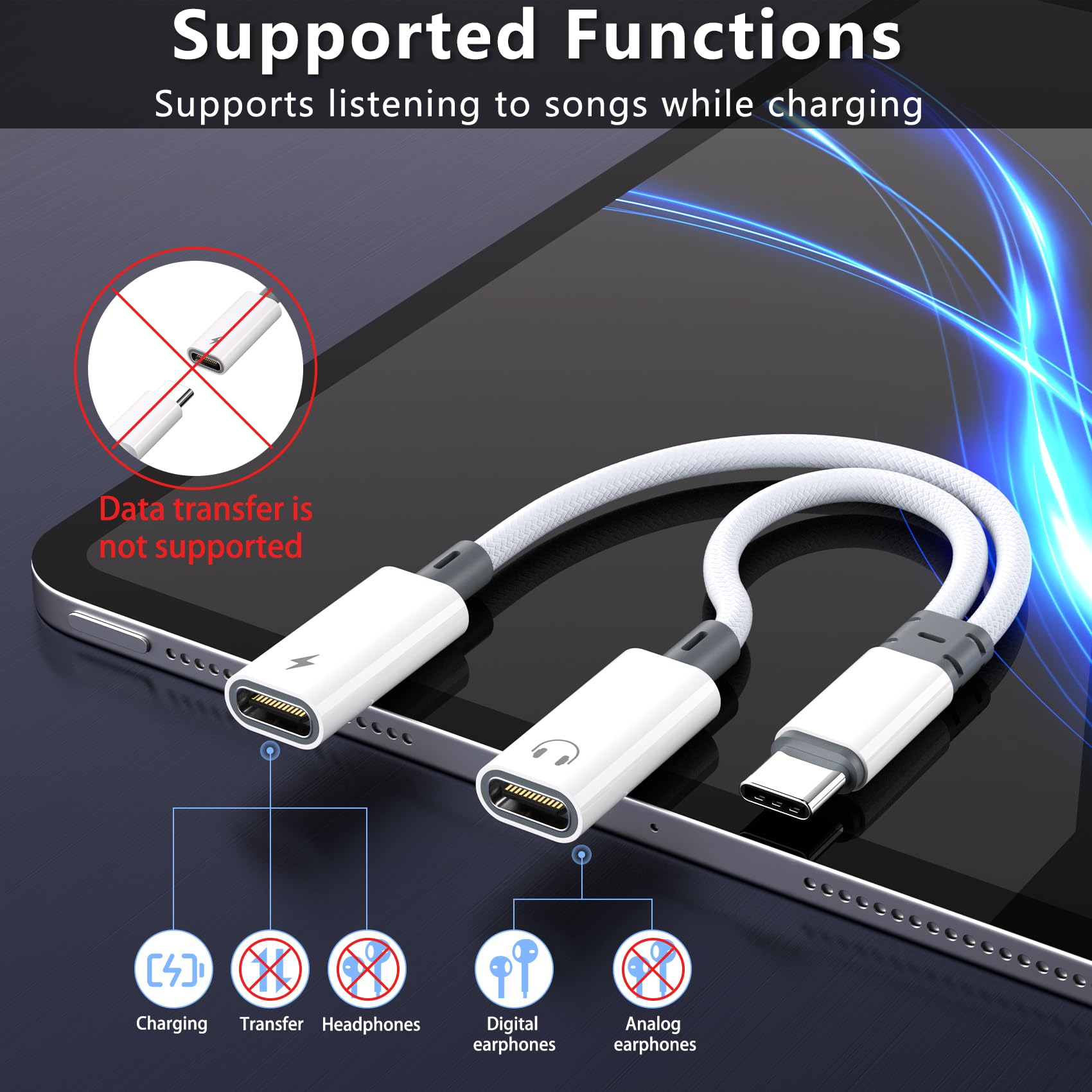 Ein weiß-grauer USB-C-Adapter mit Diagramm, das Laden, Datenübertragung und Kopfhörerunterstützung zeigt.