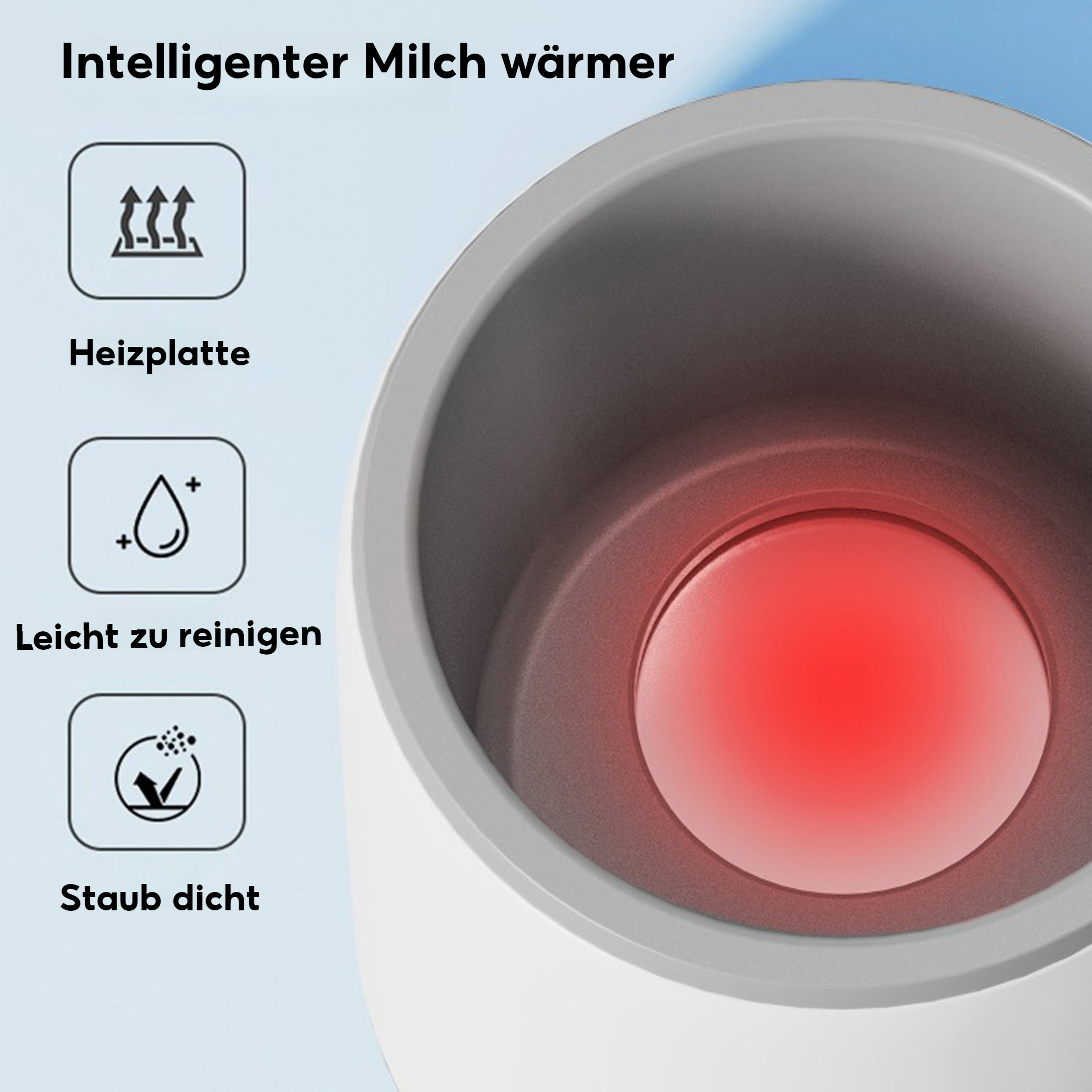 Weiß-grauer Milchwärmer-Innenraum. Text: Intelligenter Milchwärmer. Reinigungssymbole.