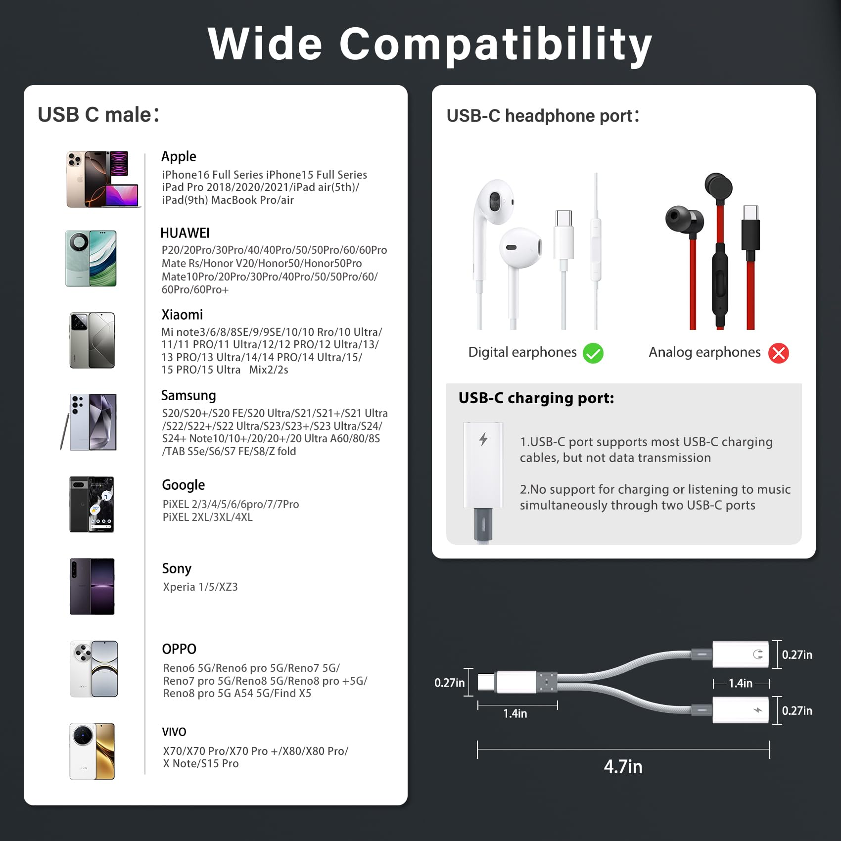 Infografik mit USB-C-Kompatibilität mit Telefonen, Tablets und Kopfhörern; digital und analog.