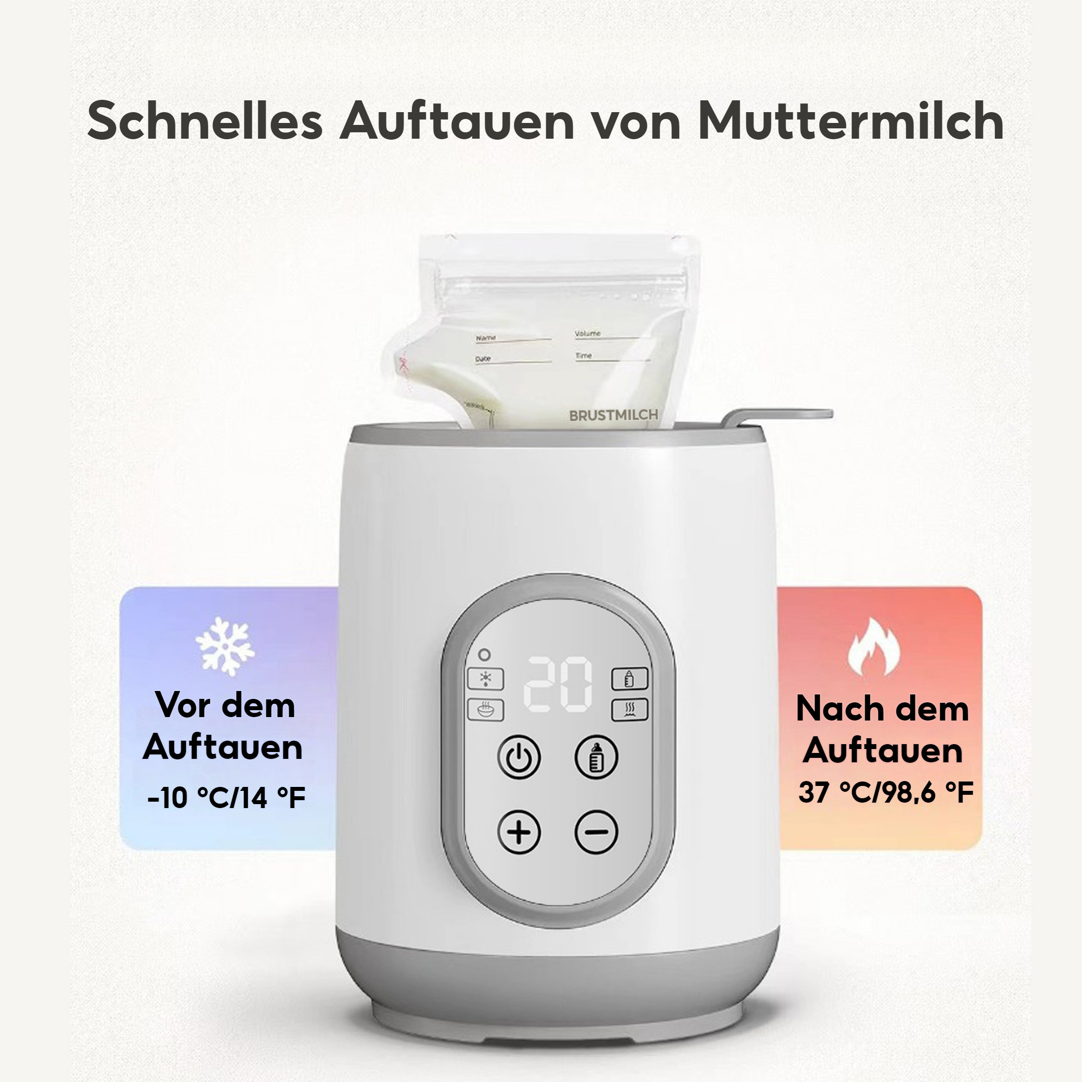 Ein Babyflaschenwärmer mit einem Beutel Muttermilch. Es zeigt gefrorene und erwärmte Temperaturen.