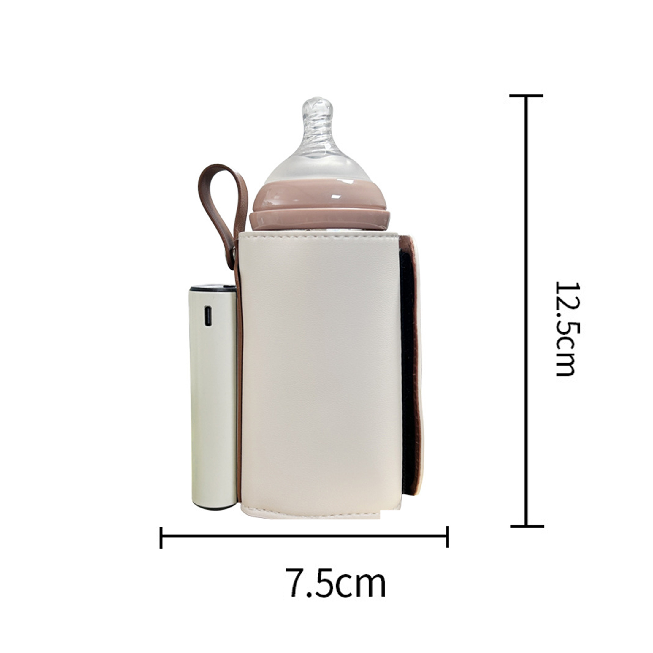 Babyflaschenwärmer mit einer Flasche darin. Abmessungen: 12,5 cm Höhe, 7,5 cm Breite. Weiß und braun.