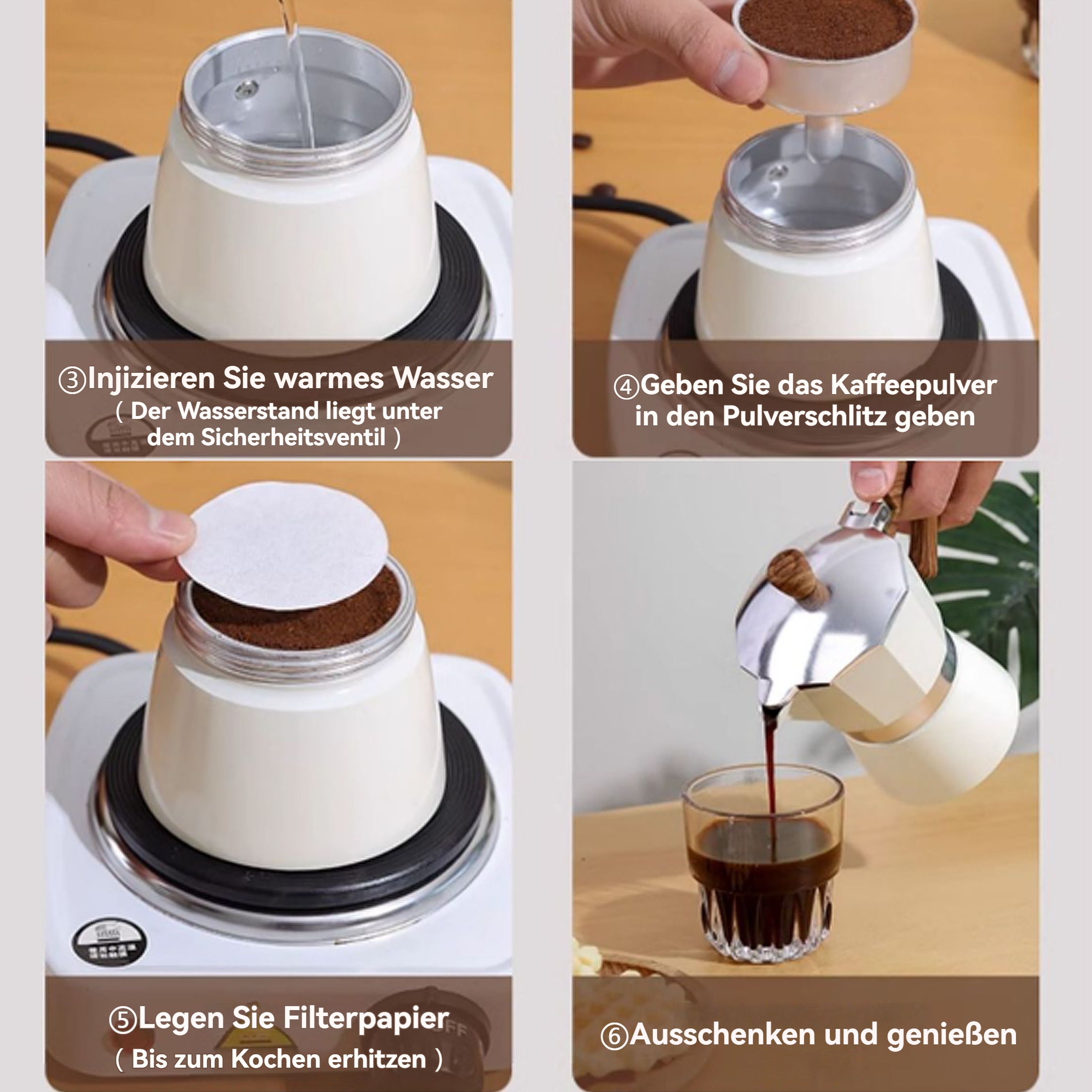 Schritte zur Kaffeezubereitung: Wasser hinzufügen, Kaffeepulver, Filterpapier und Kaffee in eine Tasse gießen.