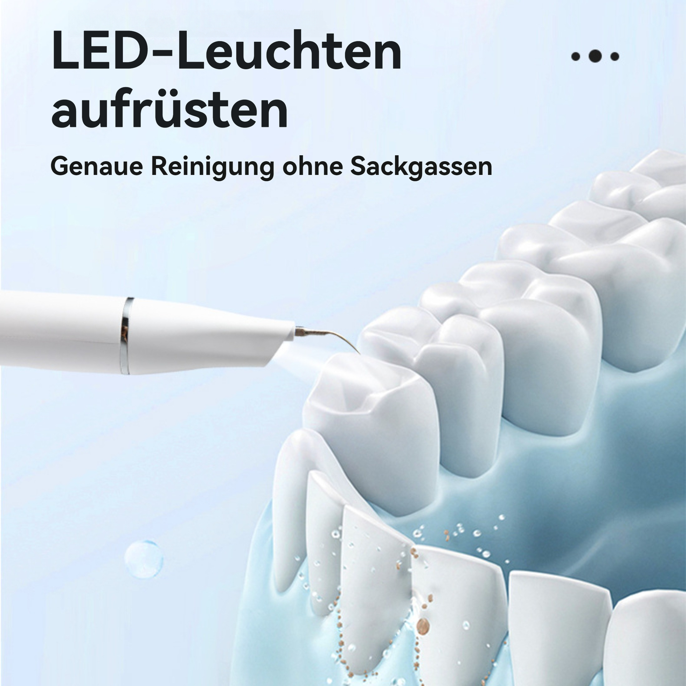 Ein Zahnreinigungswerkzeug in der Nähe von Zähnen. Das Werkzeug reinigt die Zähne.