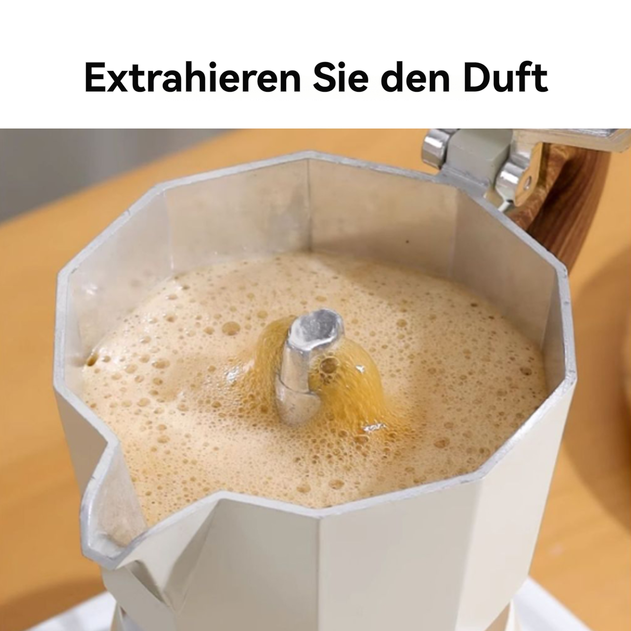 Eine weiße Kaffeemaschine ist mit schaumigem Kaffee gefüllt. Der Text lautet: „Extrahiere den Duft“.