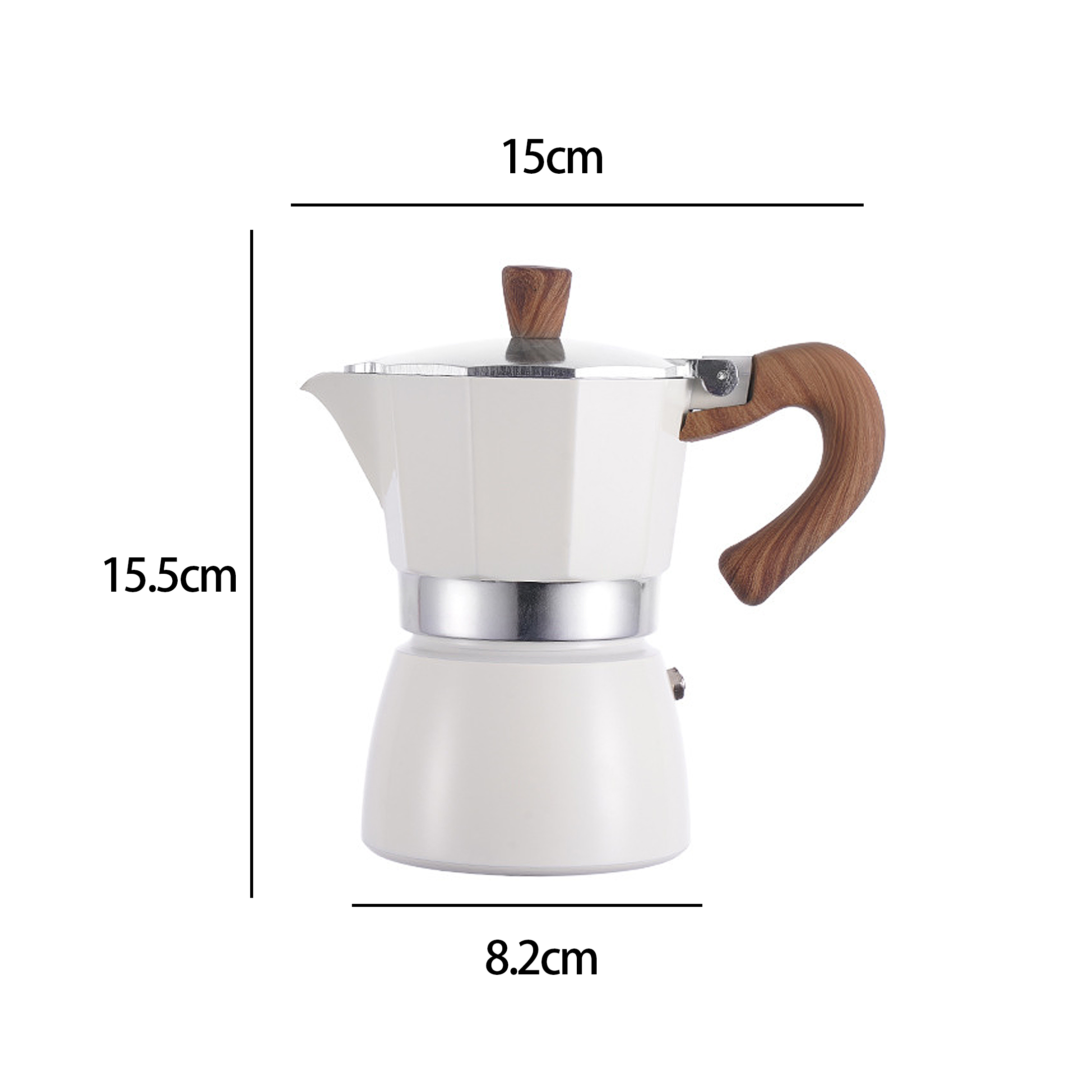 Weiße Espressokanne mit Holzgriff, Größeninfo: 15cm x 15,5cm x 8,2cm. Abmessungen werden angezeigt.