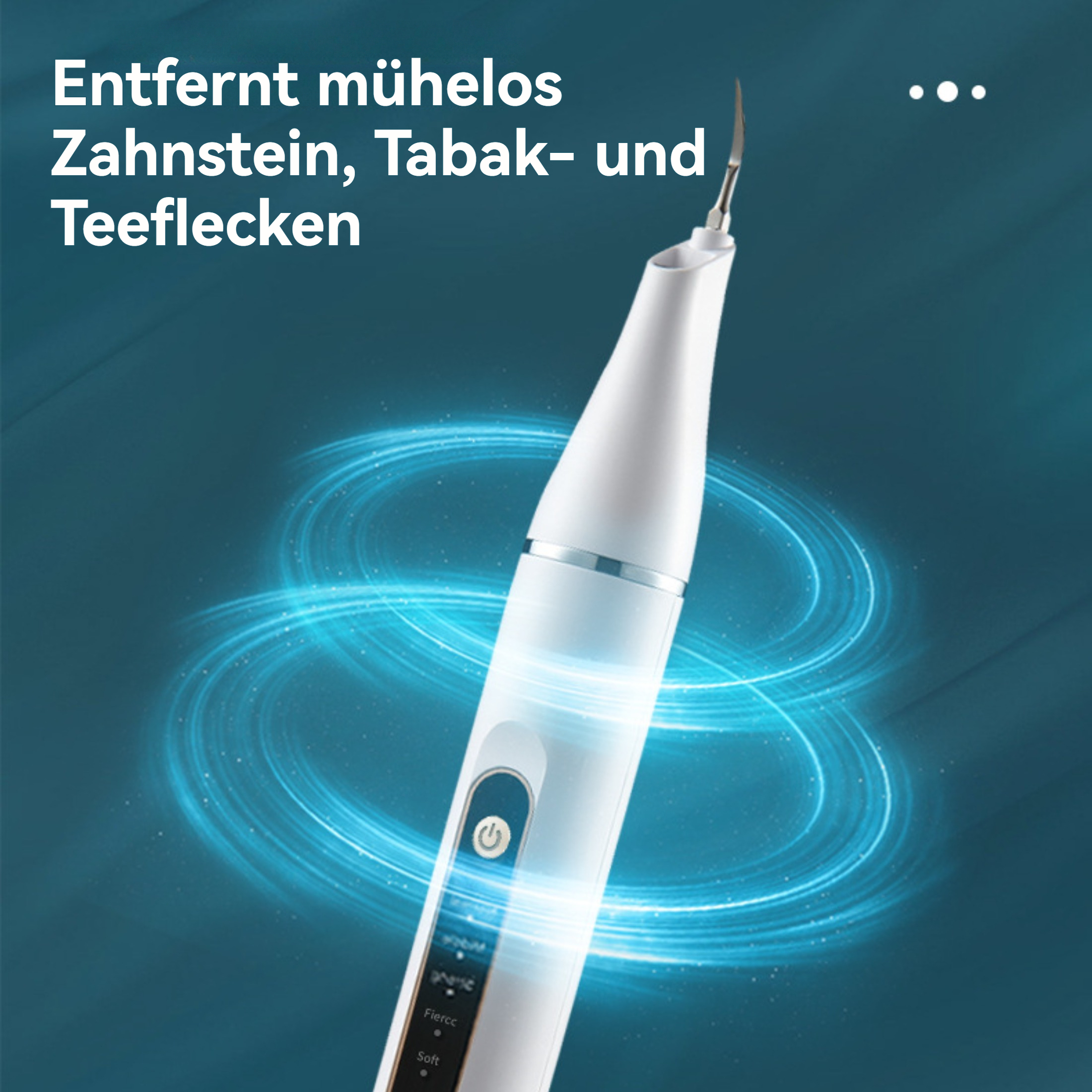 Zahnreinigungswerkzeug entfernt Flecken. Text: Entfernt Zahnstein, Tabak- und Teeflecken.