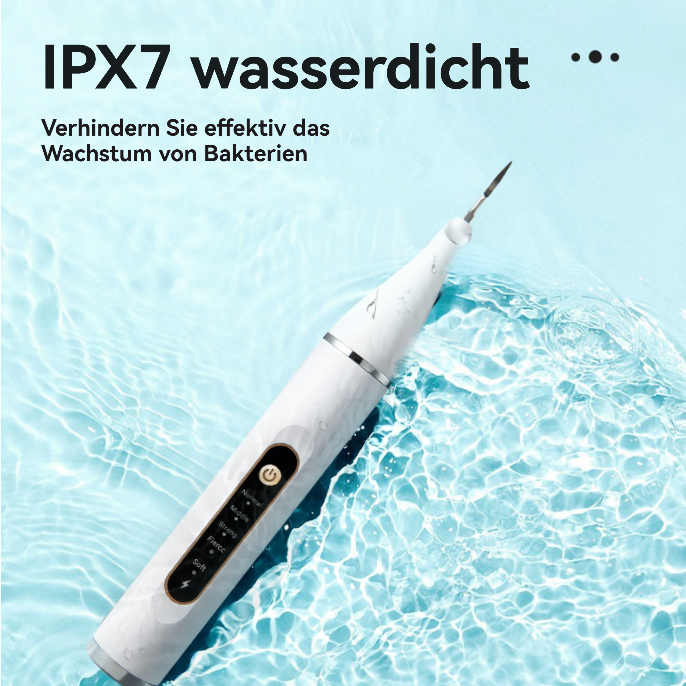 Ein weißer Zahnsteinentferner mit Text über Wasserdichtigkeit.