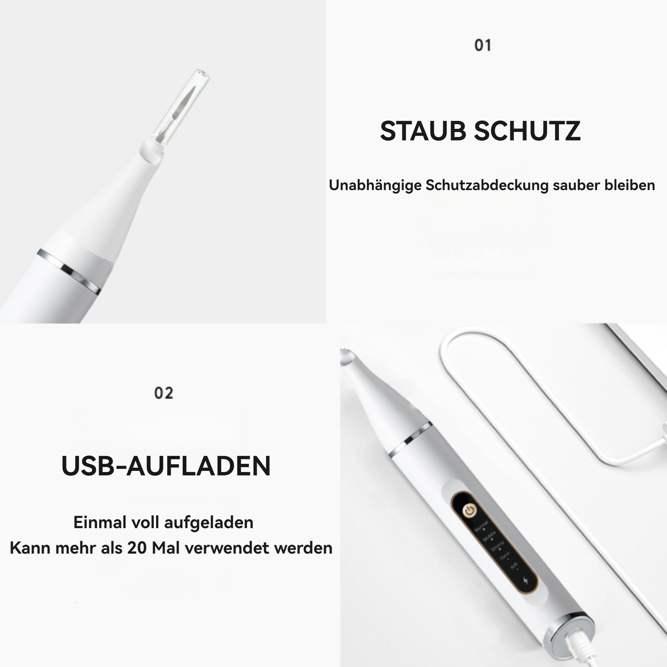 Weißes Gerät mit transparenter Spitze. Es hat ein silbernes Band und befindet sich auf weißem Hintergrund.