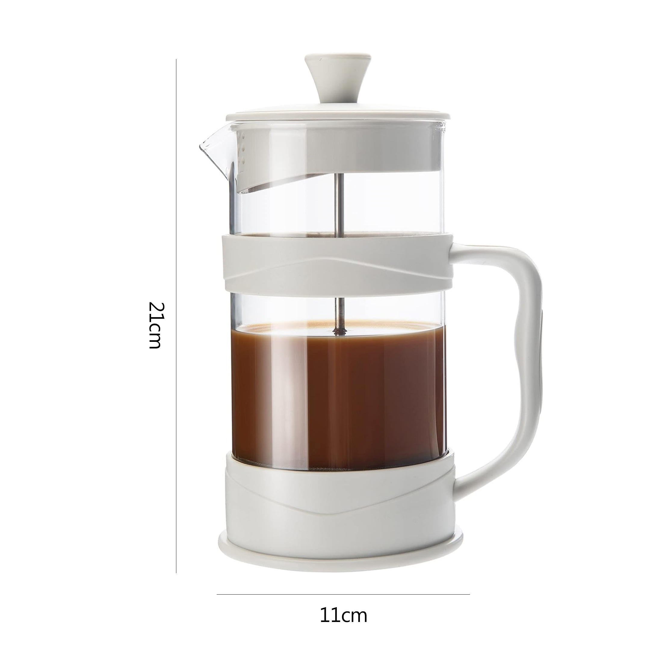 Eine French Press mit Kaffee. Sie ist weiß mit einem Glasbehälter. Die Abmessungen sind 21 cm x 11 cm.