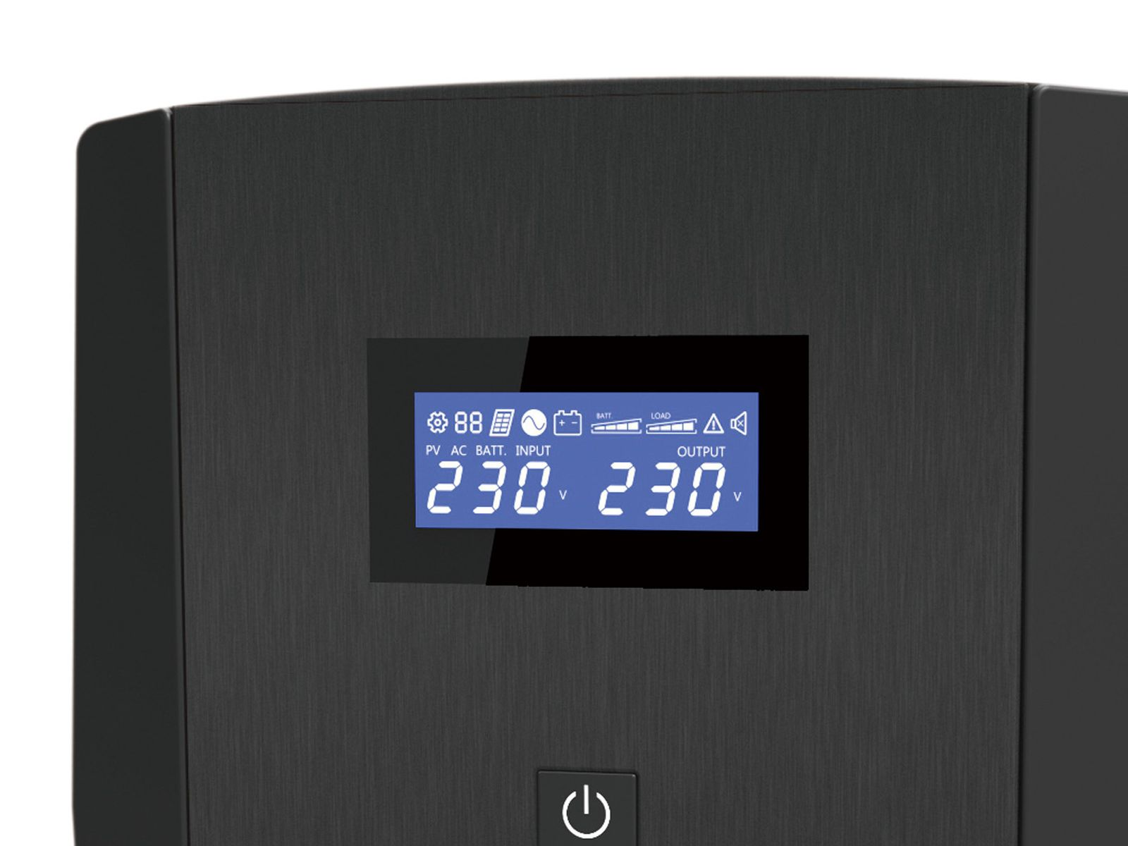 Schwarze unterbrechungsfreie Stromversorgung mit Display, das Spannung und Batteriestand anzeigt.