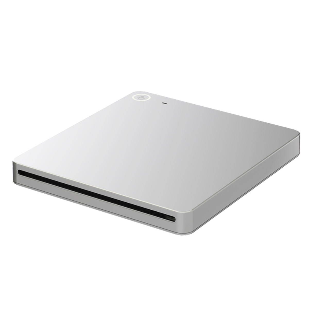 Silberner, rechteckiger, tragbarer CD/DVD-Laufwerk. USB-Kabel angeschlossen. Weißer Hintergrund.