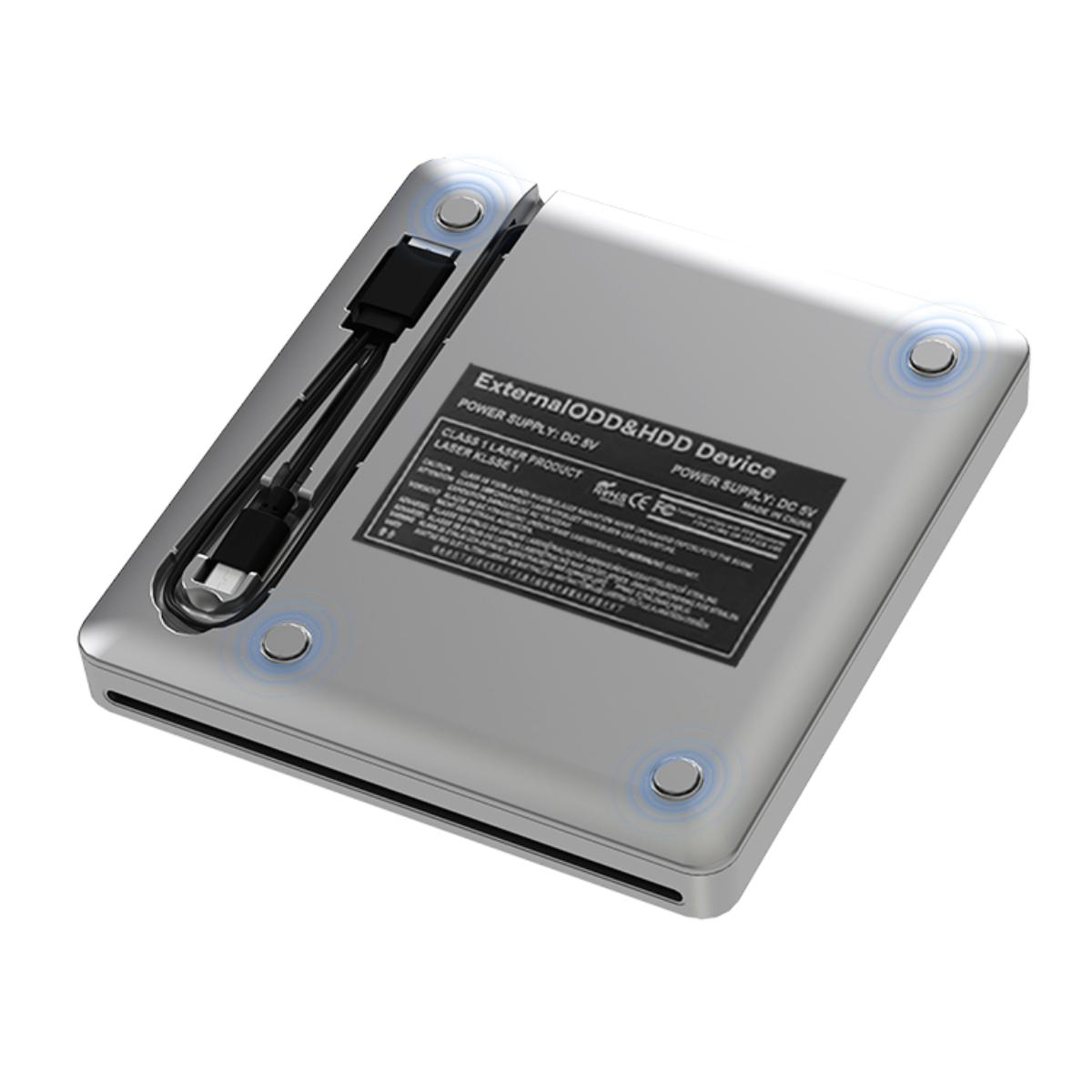 Silbernes externes ODD&HDD-Gerät auf weißer Oberfläche. Das Gerät hat ein schwarzes Kabel.