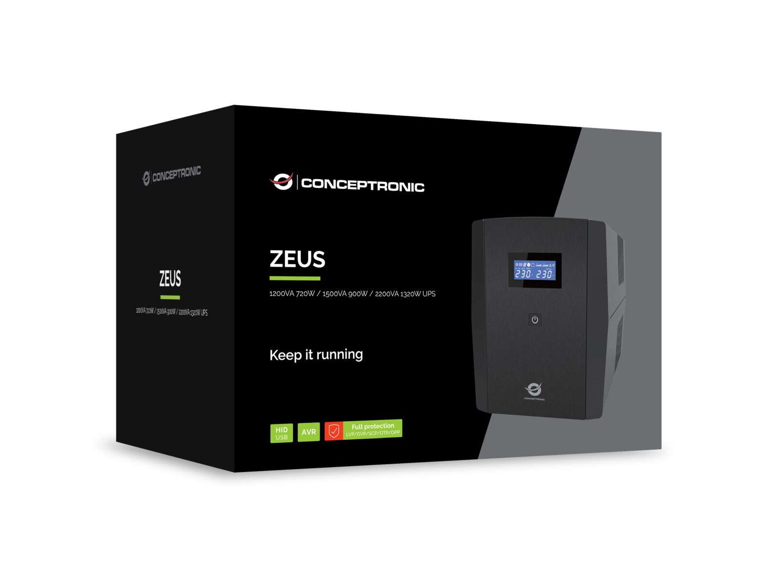 Eine schwarze USV-Box mit dem Namen ZEUS und Informationen. Rechts ist ein schwarzes USV-Gerät.
