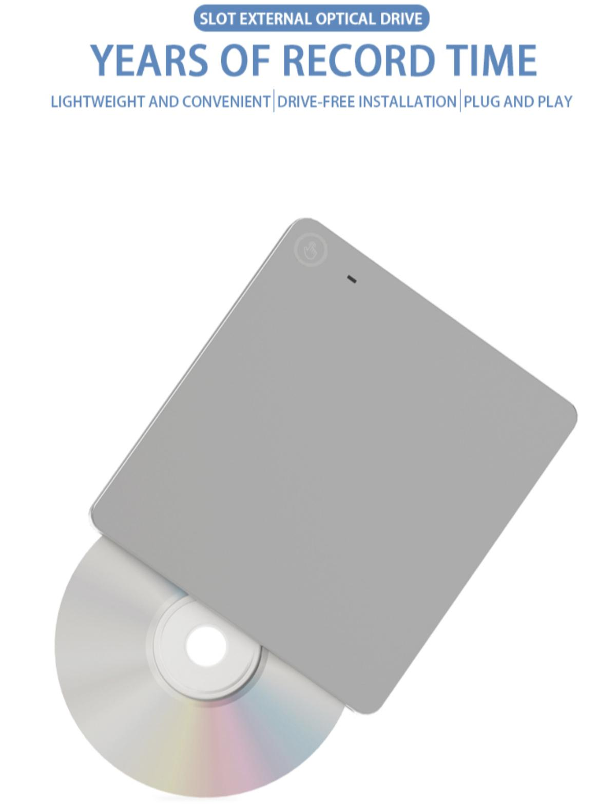 Silbernes externes optisches Laufwerk mit CD, Text 'Years of record time' und 'Plug and play'.