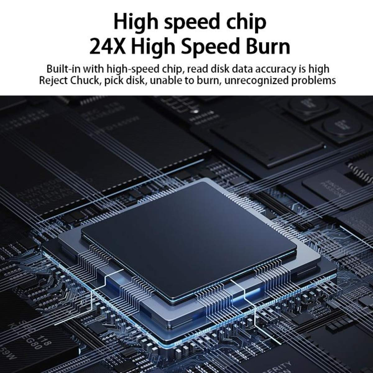 Ein schwarzer Computerchip mit blauer Verkabelung und Text. Der Chip befindet sich auf einer Leiterplatte.