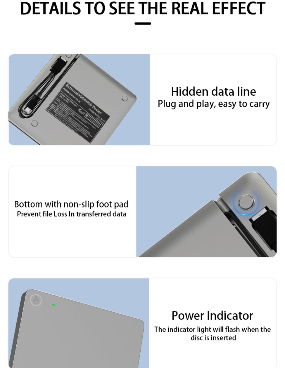 Details eines externen ODD&HDD-Geräts, die Datenleitung, rutschfestes Fußpolster und Betriebsanzeige zeigen.