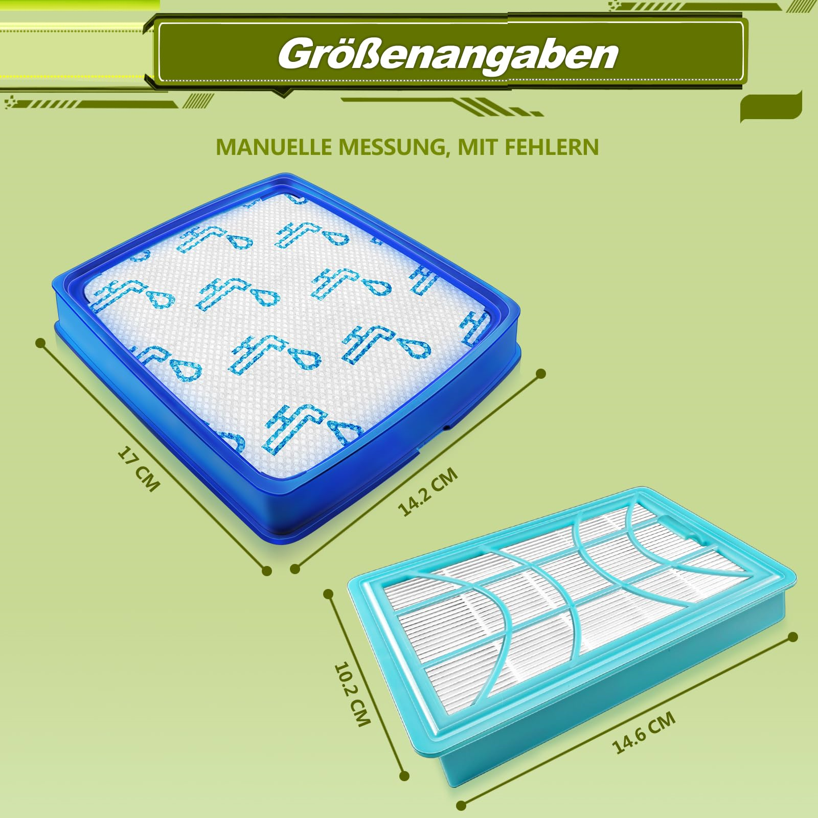 Zwei Staubsaugerfilter in verschiedenen Größen, blaue Rahmen, auf grauer Oberfläche mit Maßen.