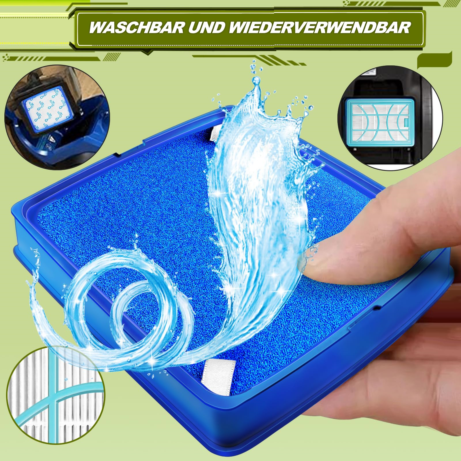 Eine Hand hält einen blauen rechteckigen Filter, um den Wasser spritzt. Nahaufnahmen von Filterelementen werden gezeigt.