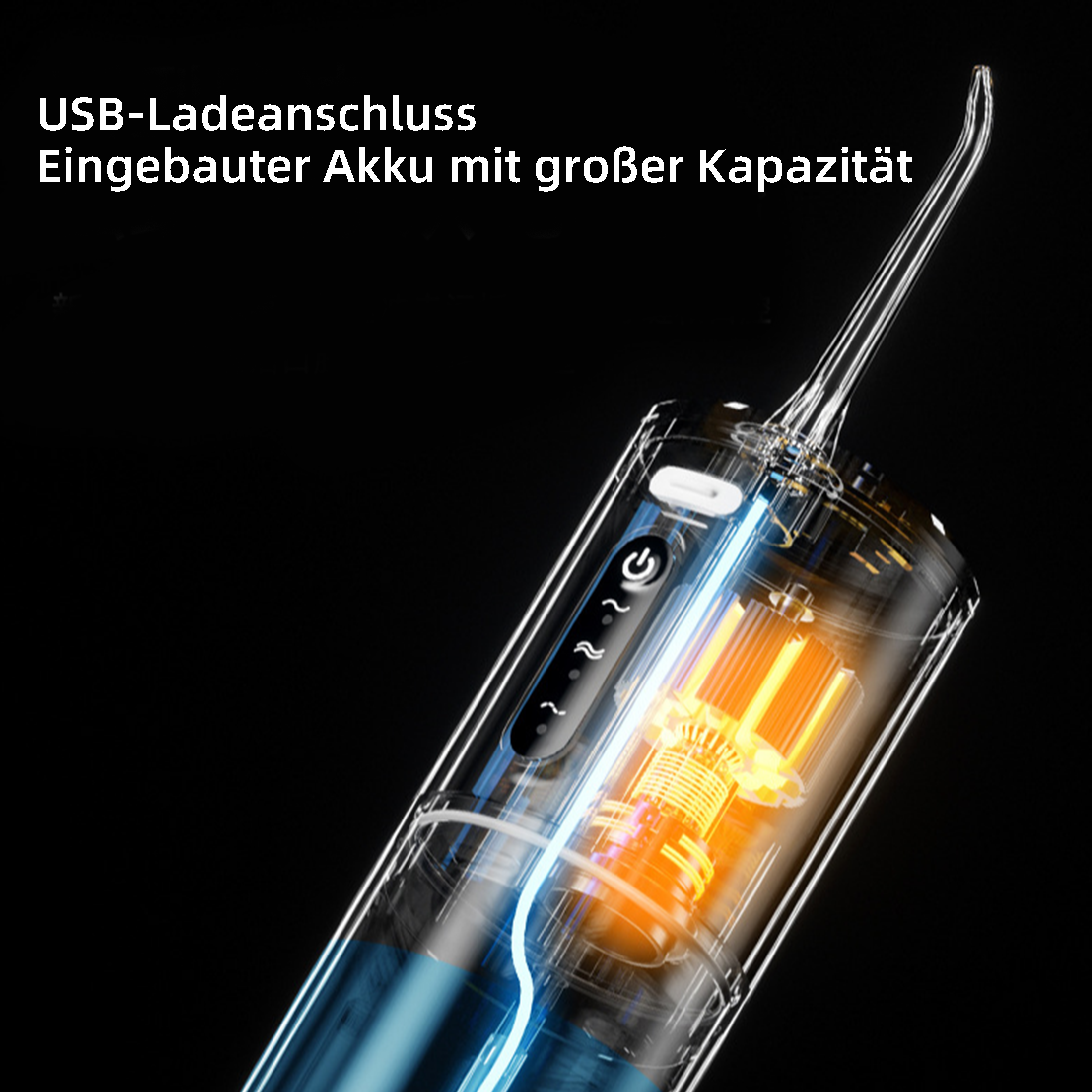 Ein transparenter Munddusche mit beleuchtetem Innenraum und Text: USB-Aufladung, Akku mit großer Kapazität.