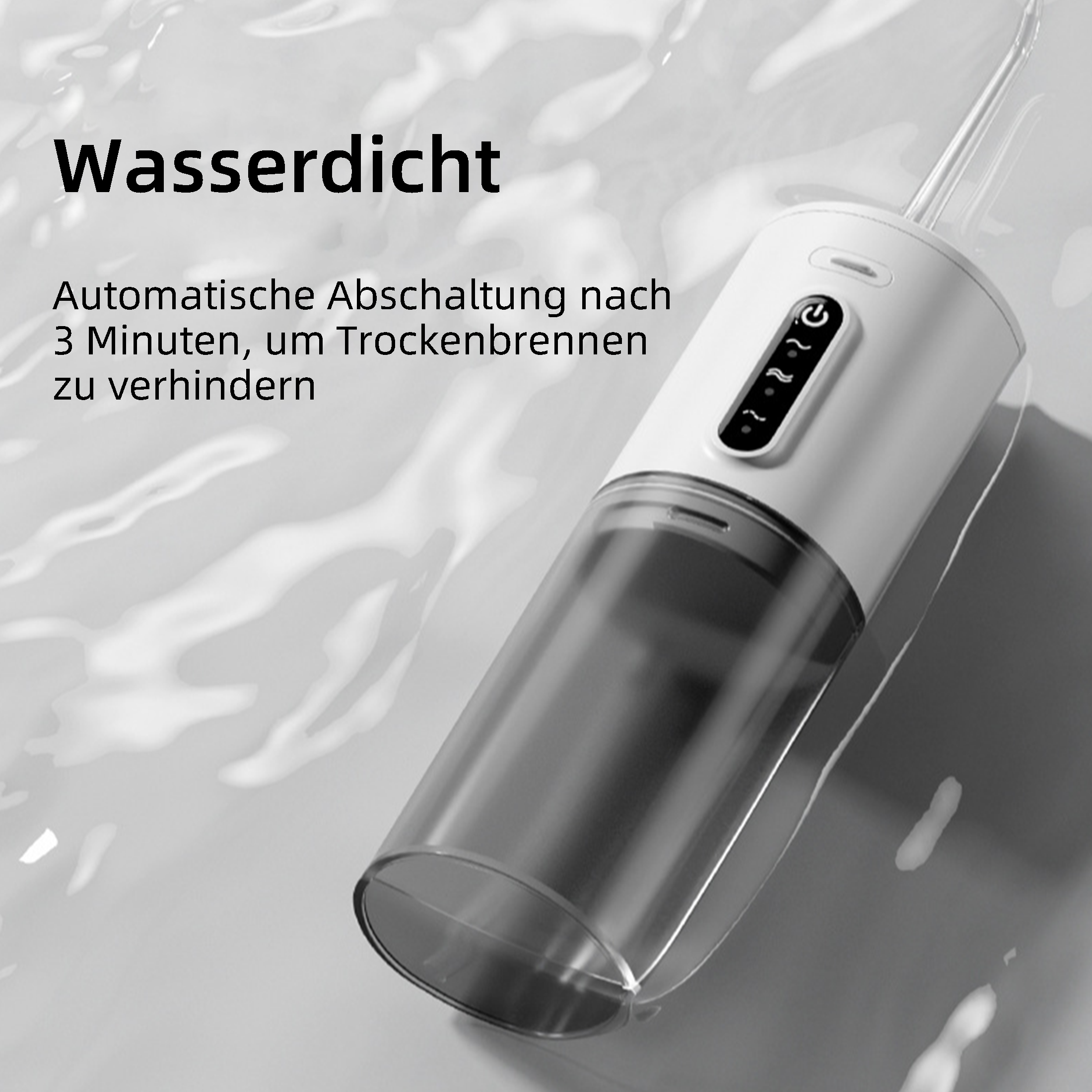 Ein weiß-grauer Wasserflosser im Wasser. Text: Automatische Abschaltung nach 3 Minuten.