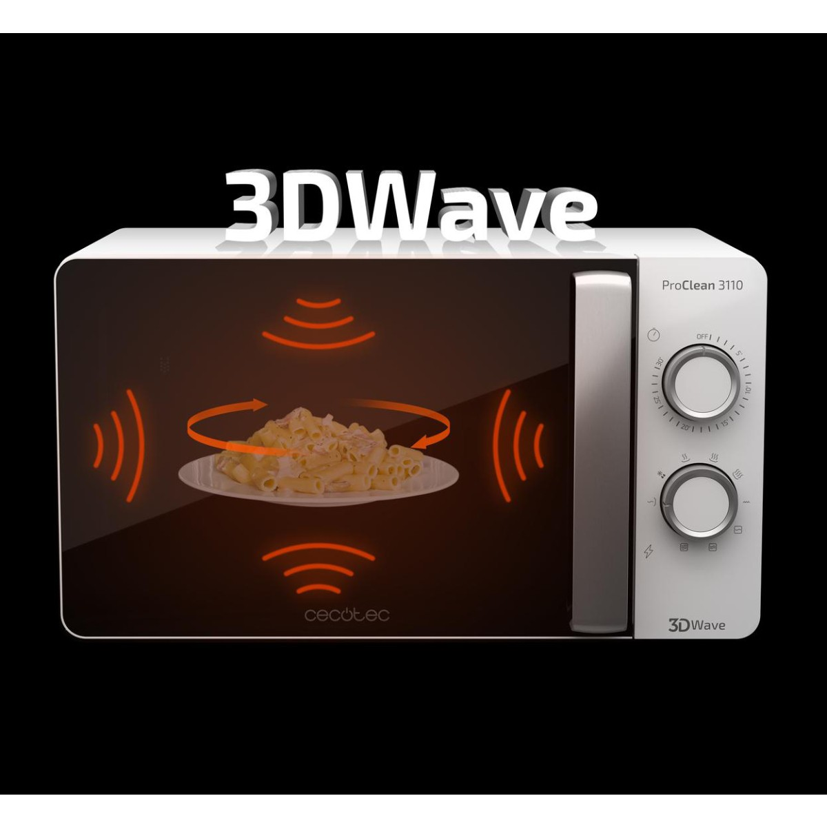 Biała kuchenka mikrofalowa z tekstem 3DWave, z makaronem na talerzu. Pomarańczowe linie fal wskazują gotowanie.