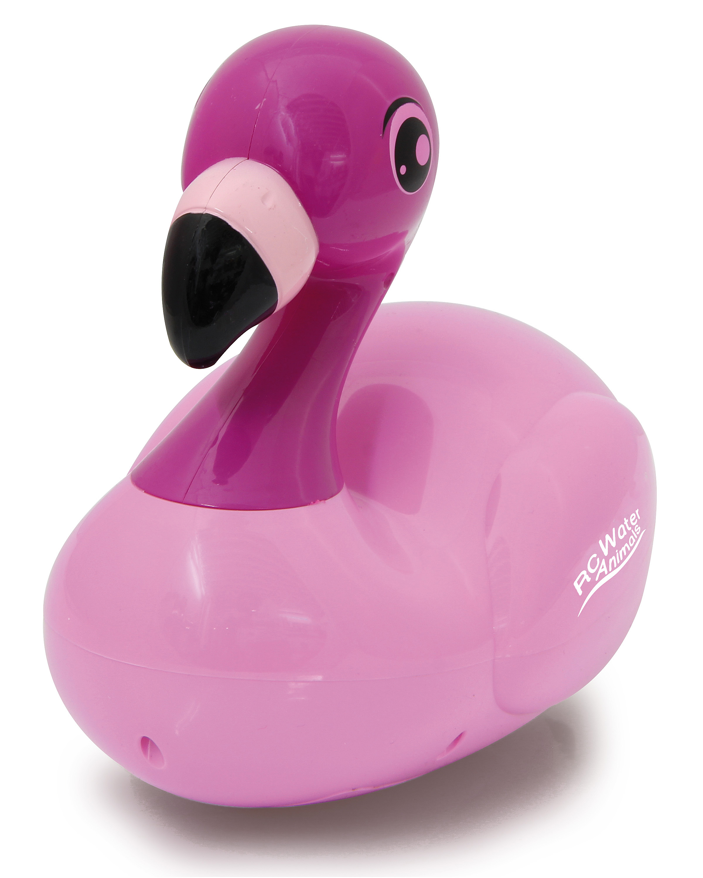 Ein rosa Flamingo-Spielzeug mit schwarzem Schnabel und Augendetails, mit dem Text 'RC Water Animals'.