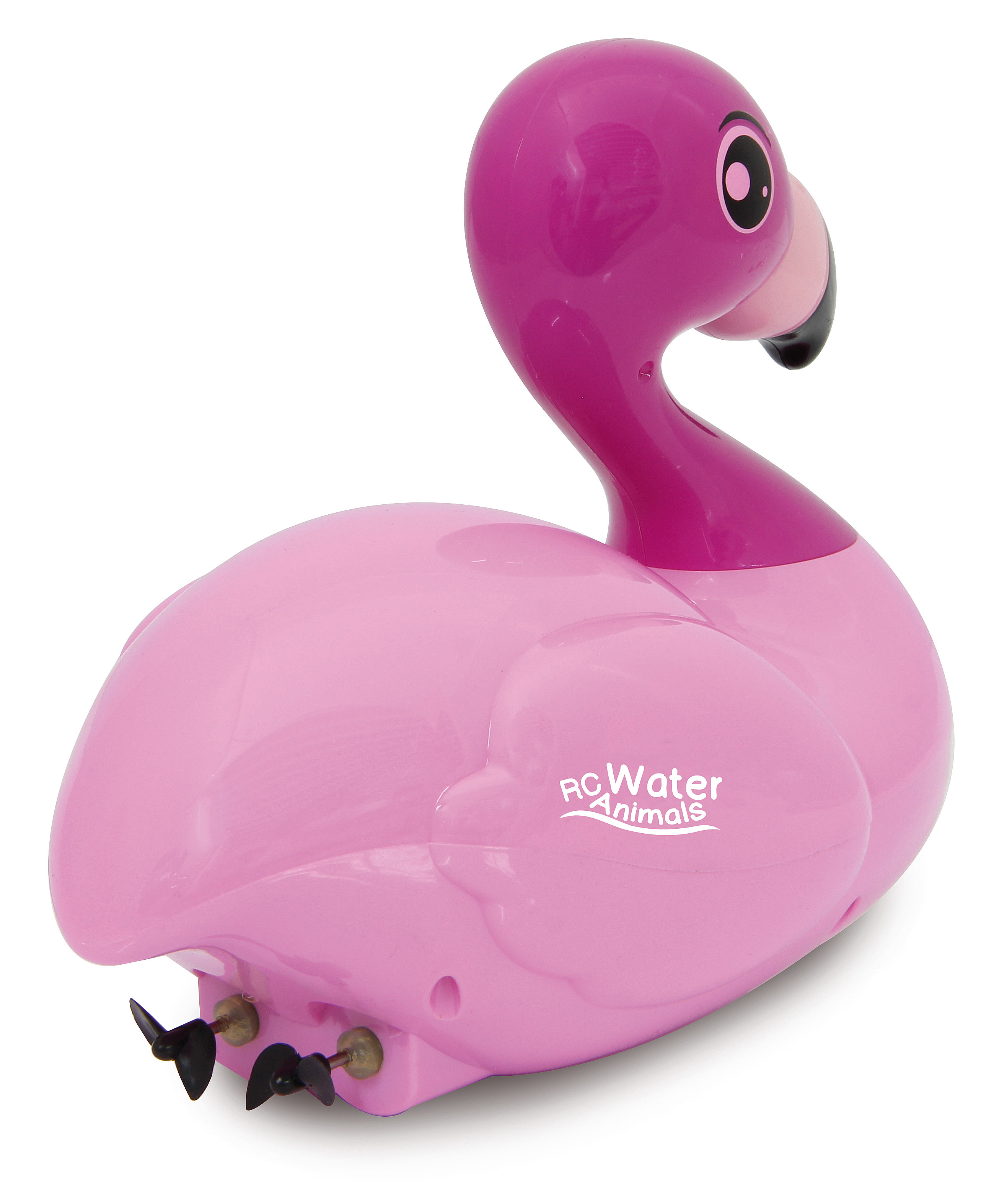 Ein rosa Flamingo-Spielzeug mit schwarzem Schnabel und Augendetails, mit dem Text 'RC Water Animals'.