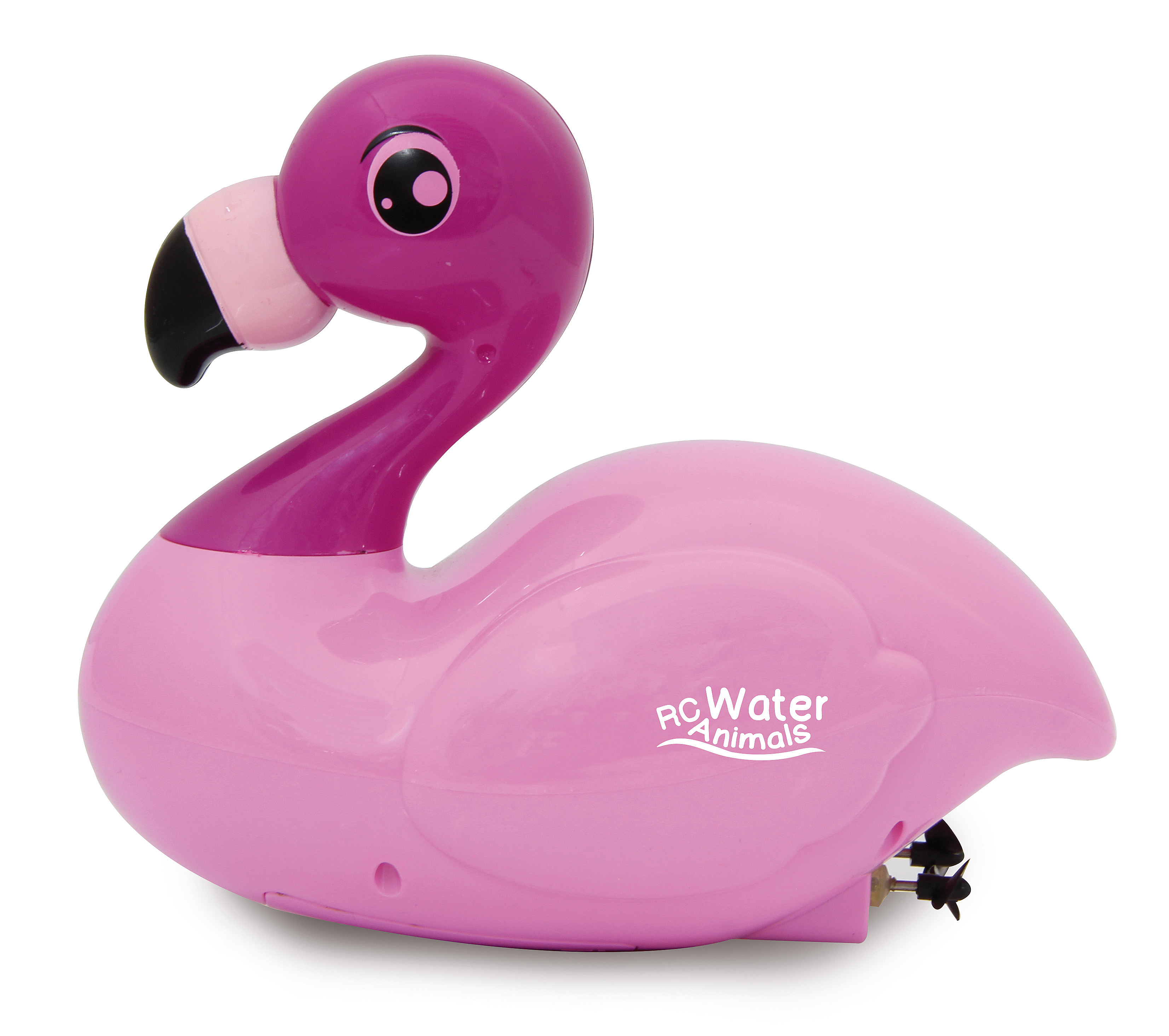 Ein rosa Flamingo-Spielzeug mit schwarzem Schnabel und Augendetails, mit dem Text 'RC Water Animals'.