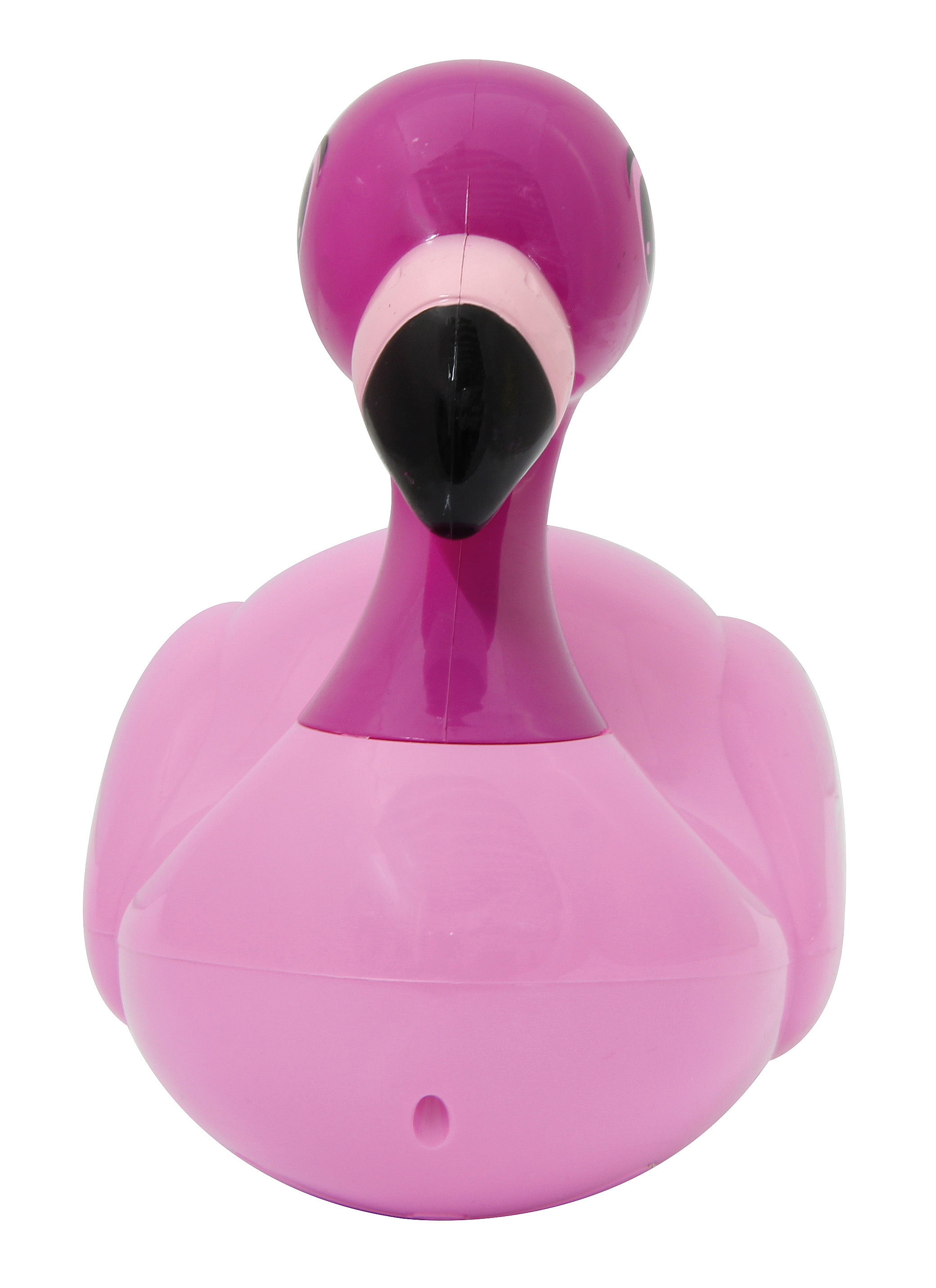 Ein rosa Flamingo-Spielzeug, Kopf hoch, mit schwarzem Schnabel und Augendetails.