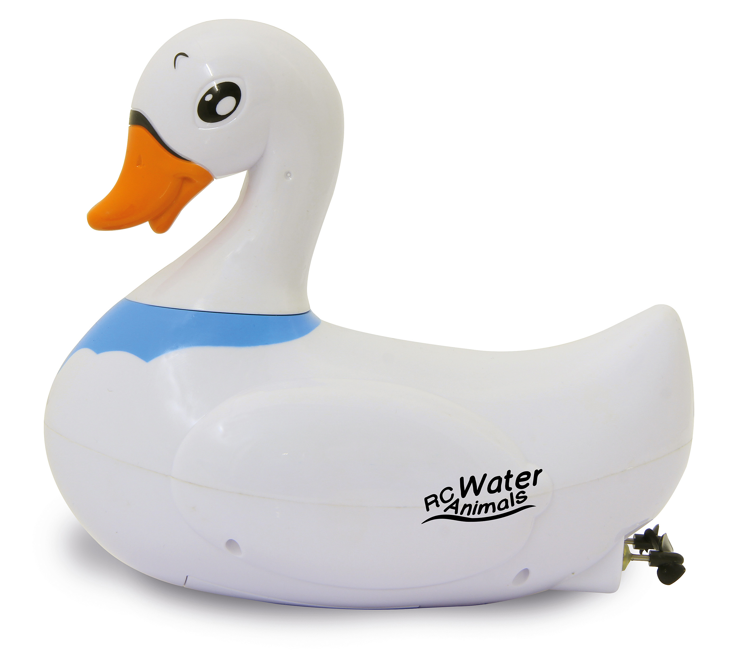 Ein weißes Entenspielzeug mit orangefarbenem Schnabel und blauen Akzenten, mit dem Text 'RC Water Animals'.