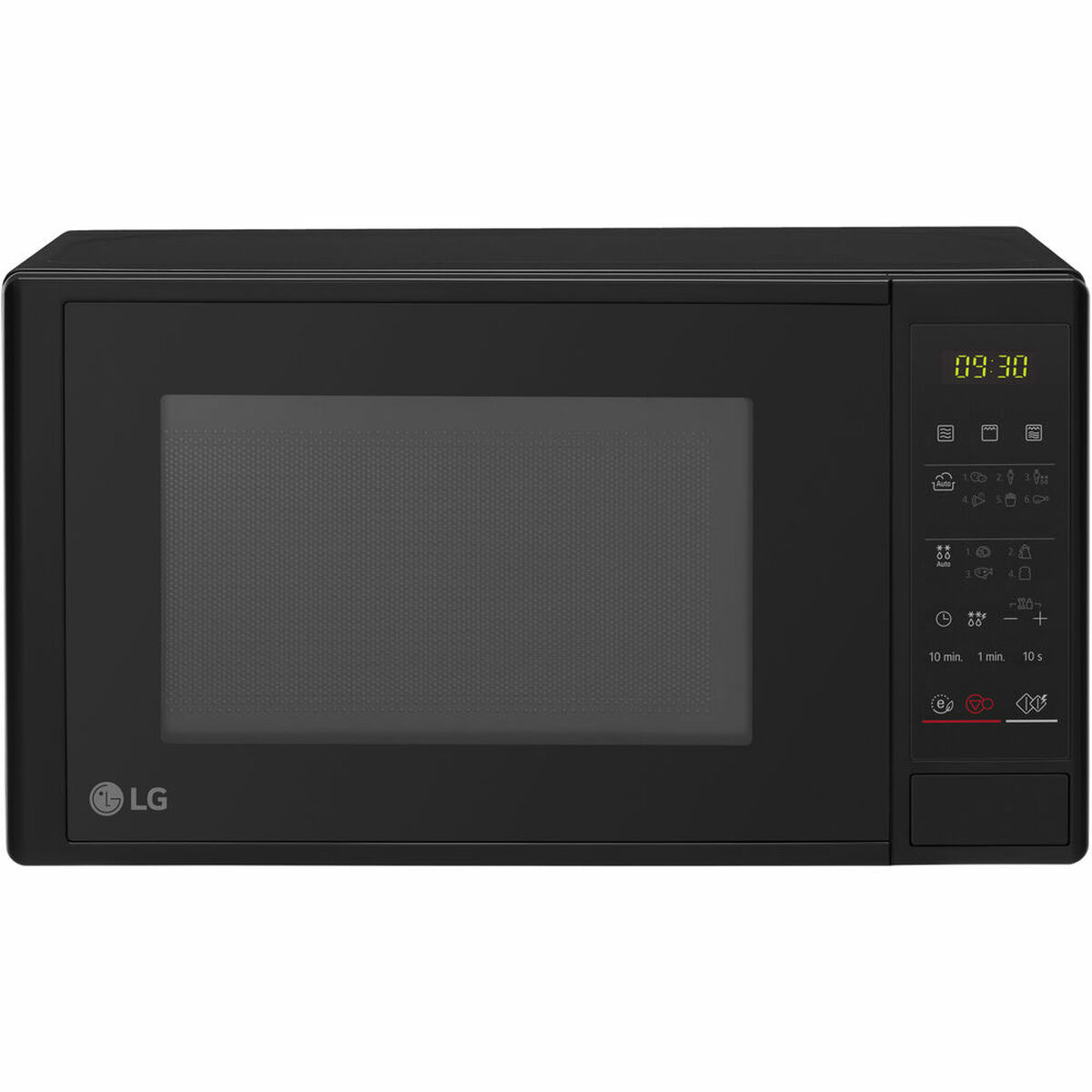 Un horno microondas LG negro. Muestra un reloj digital y tiene varios botones para diferentes funciones de cocción.