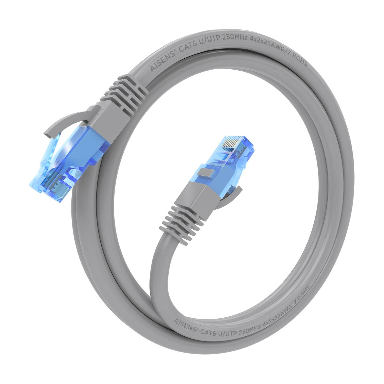 Cavo di rete grigio con connettori blu a forma curva.