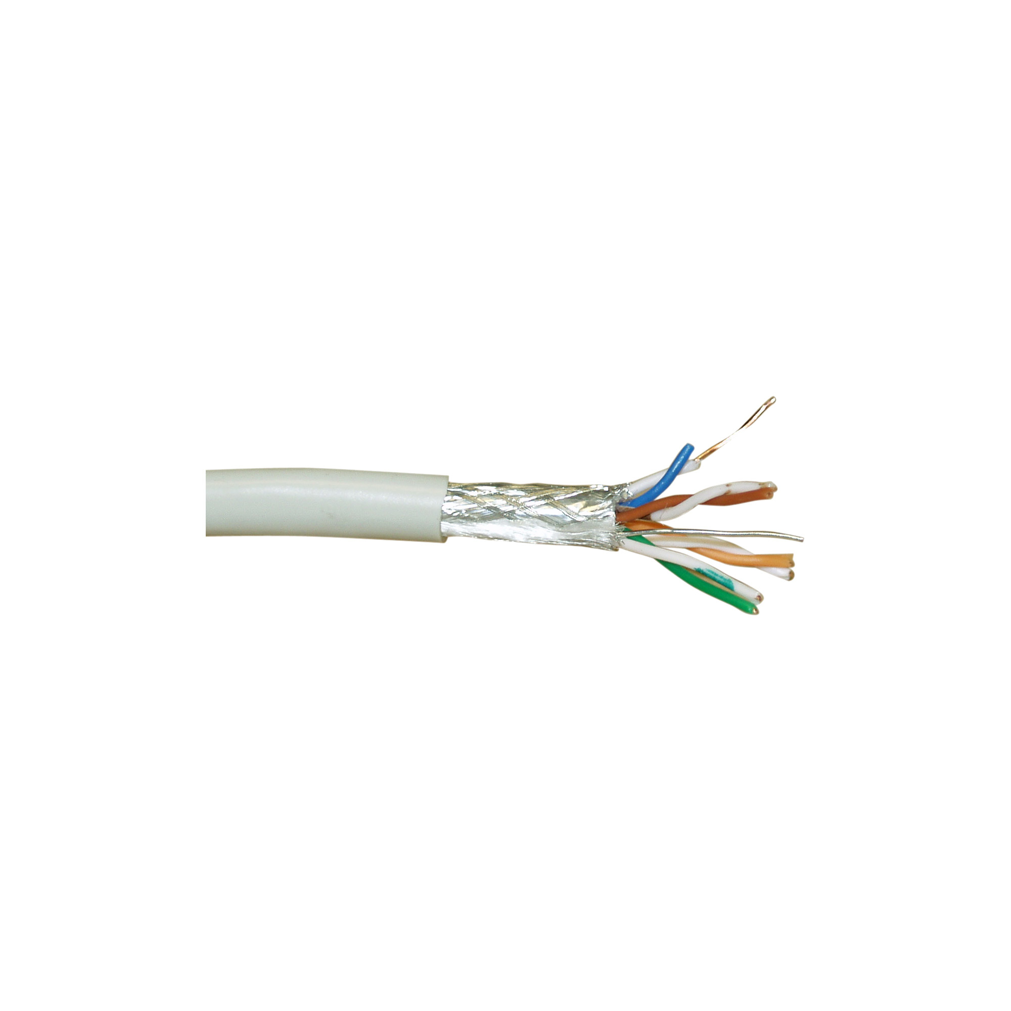 Kabel met blootliggende gekleurde draden en een zilveren afscherming.